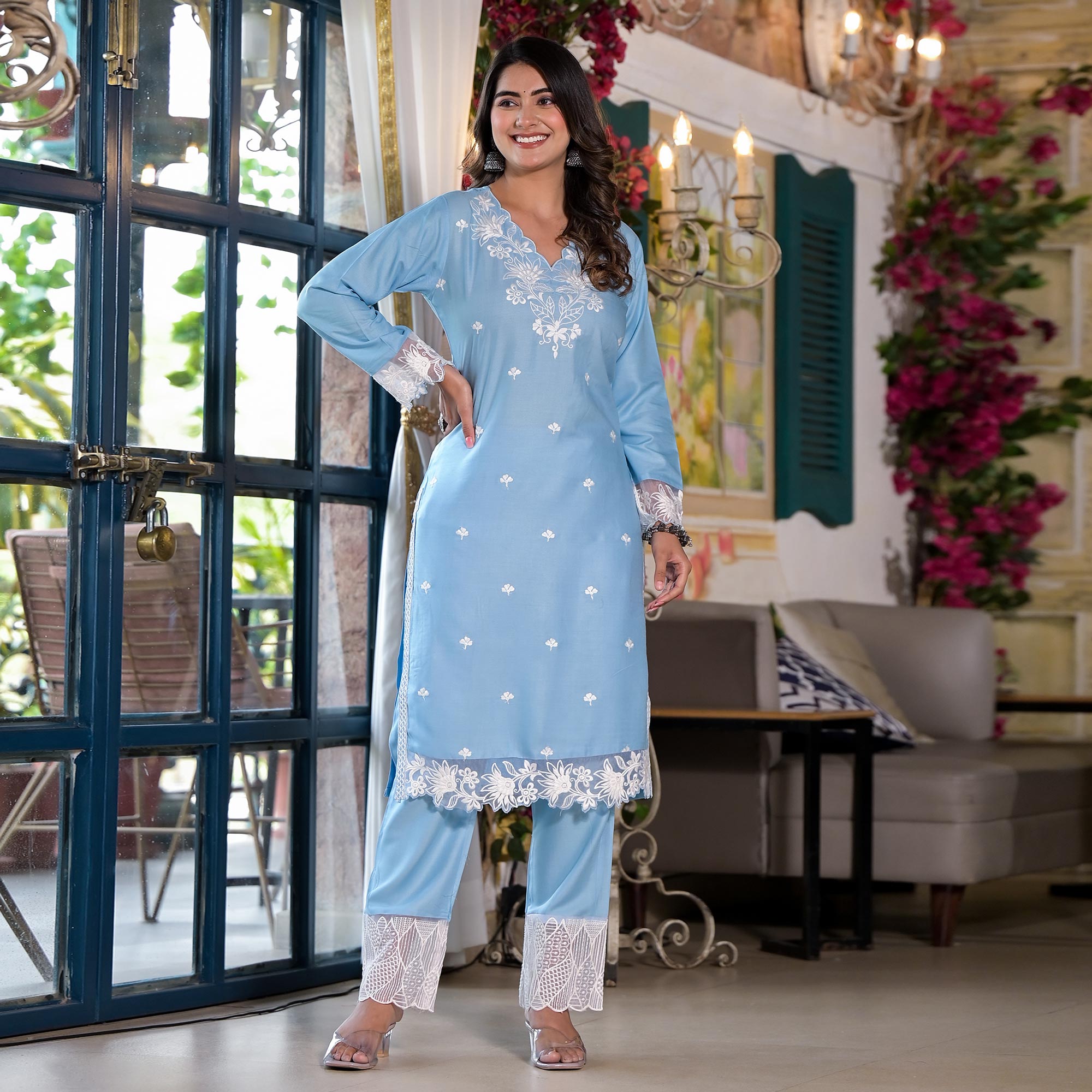 Blue Embroidered Rayon Straight Kurti Sets