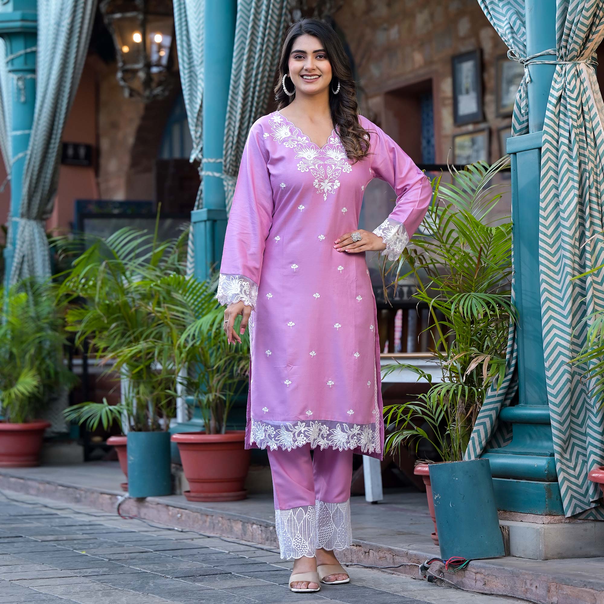Pink Embroidered Rayon Straight Kurti Sets