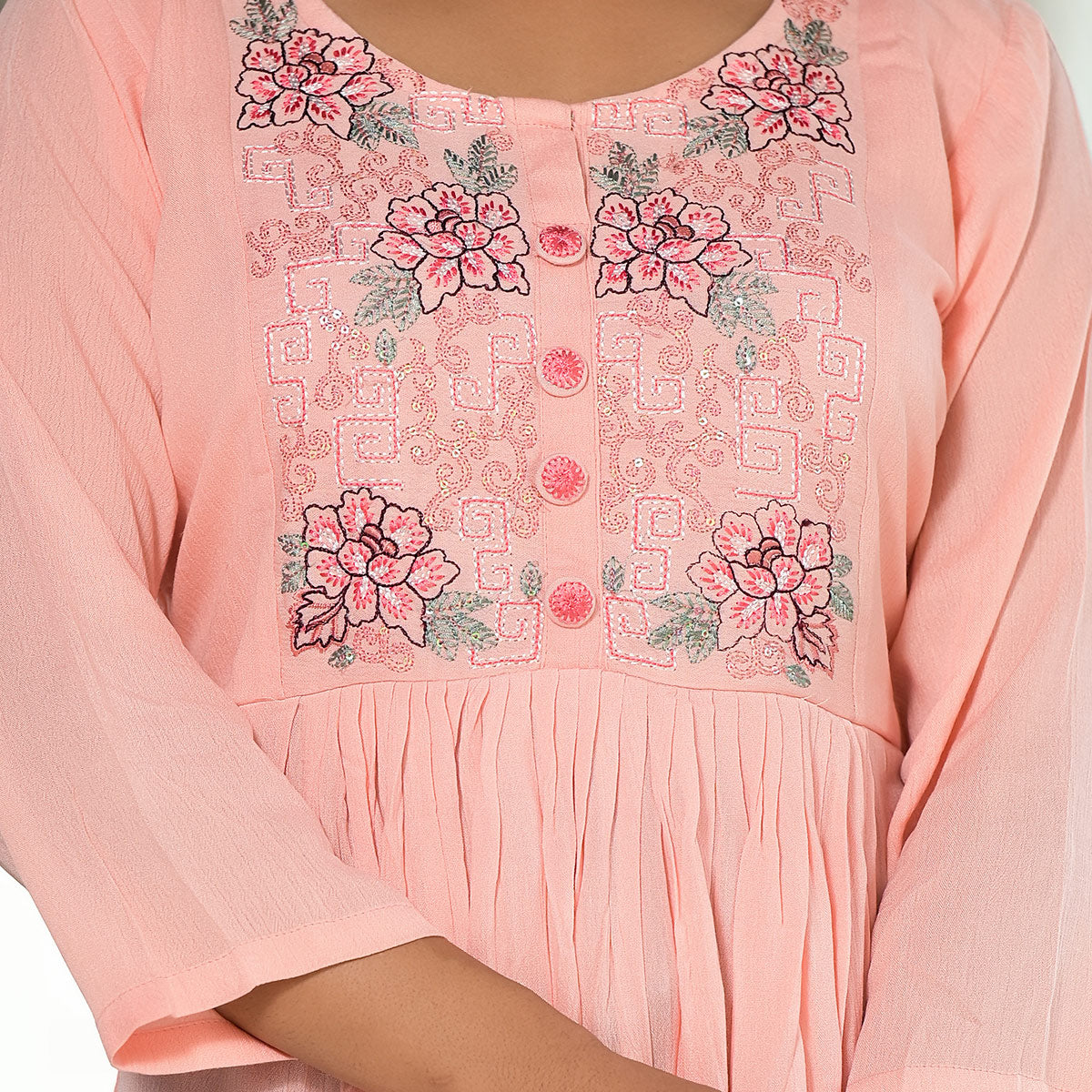 Peach Yoke Embroidered Rayon A-Line Top