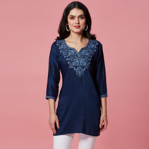 Dark Blue Embroidered Cotton Blend Top