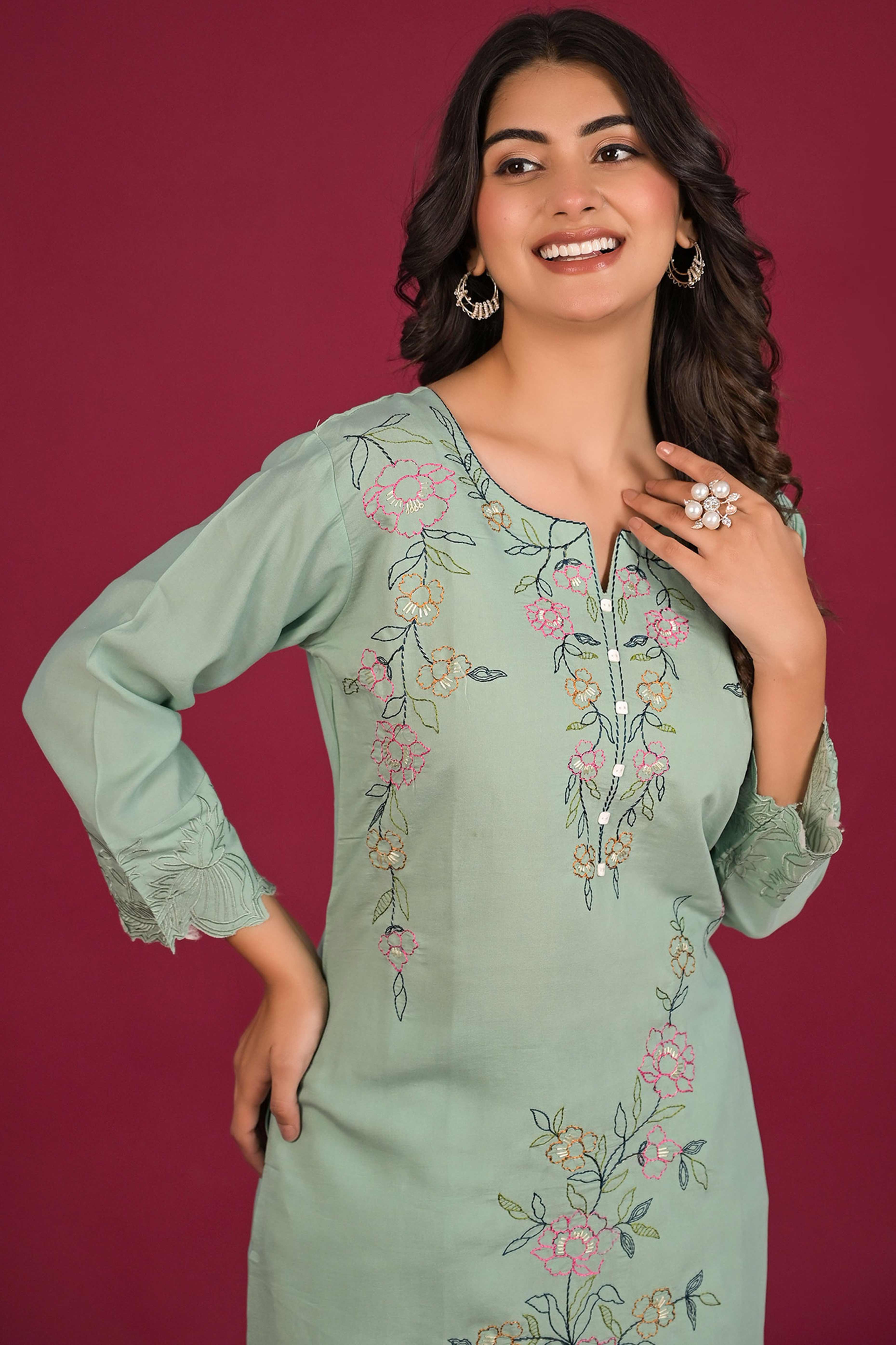 Pista Green Floral Embroidered Chanderi Top Bottom Set