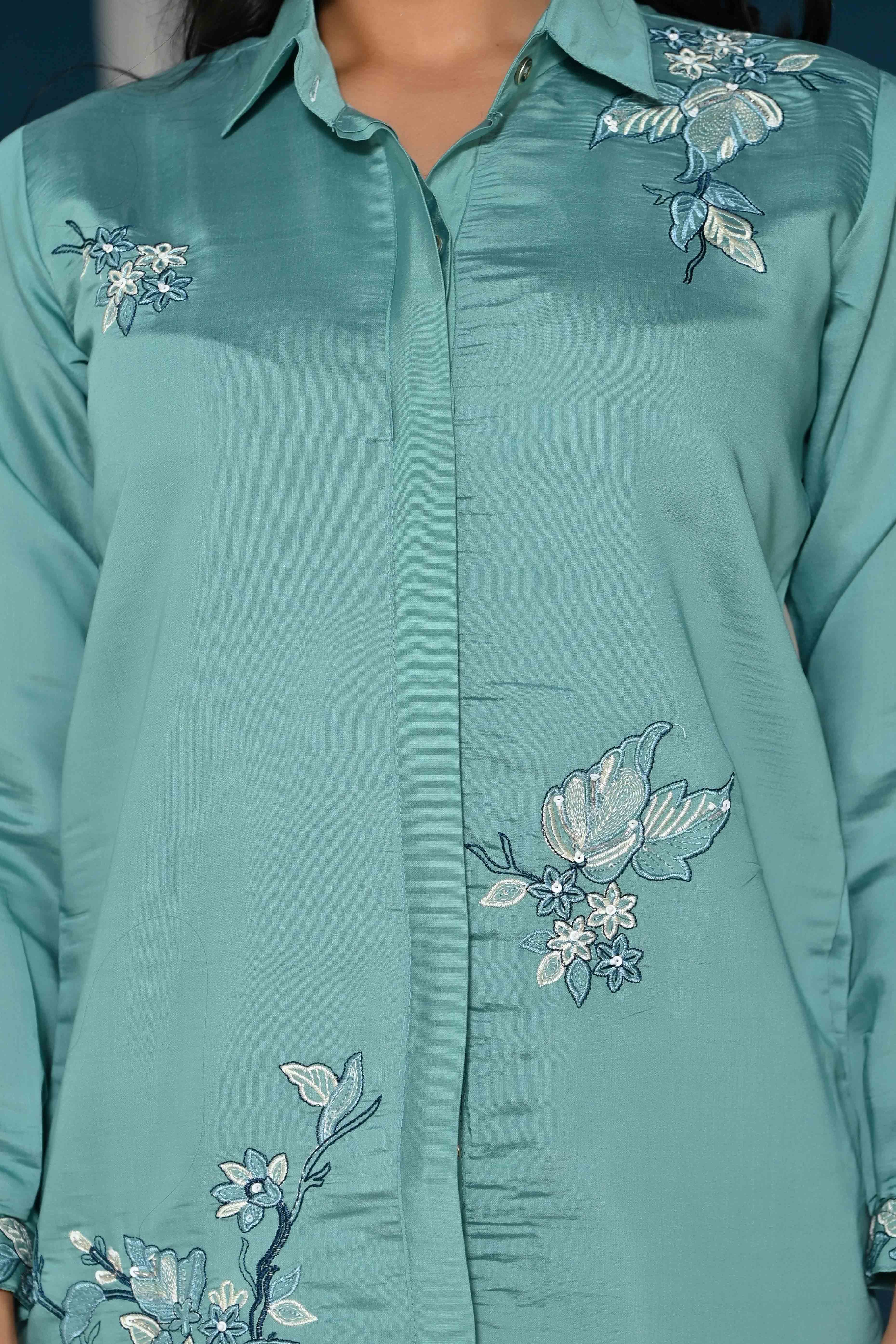 Sea Green Floral Hand Work Embroidered Chanderi Co-Ord Set