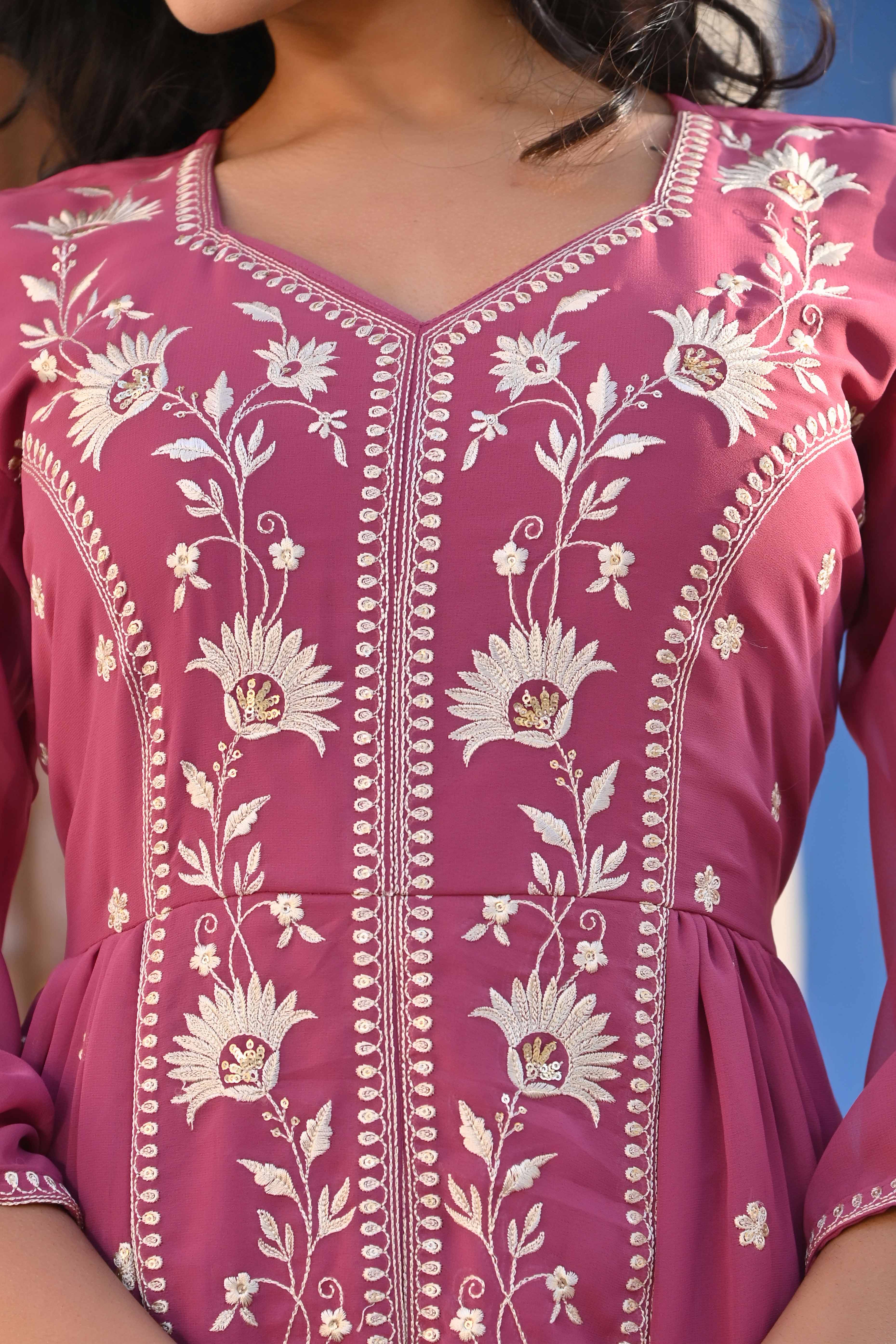 Mauve Floral Embroidered Georgette Front Slit Salwar Suit