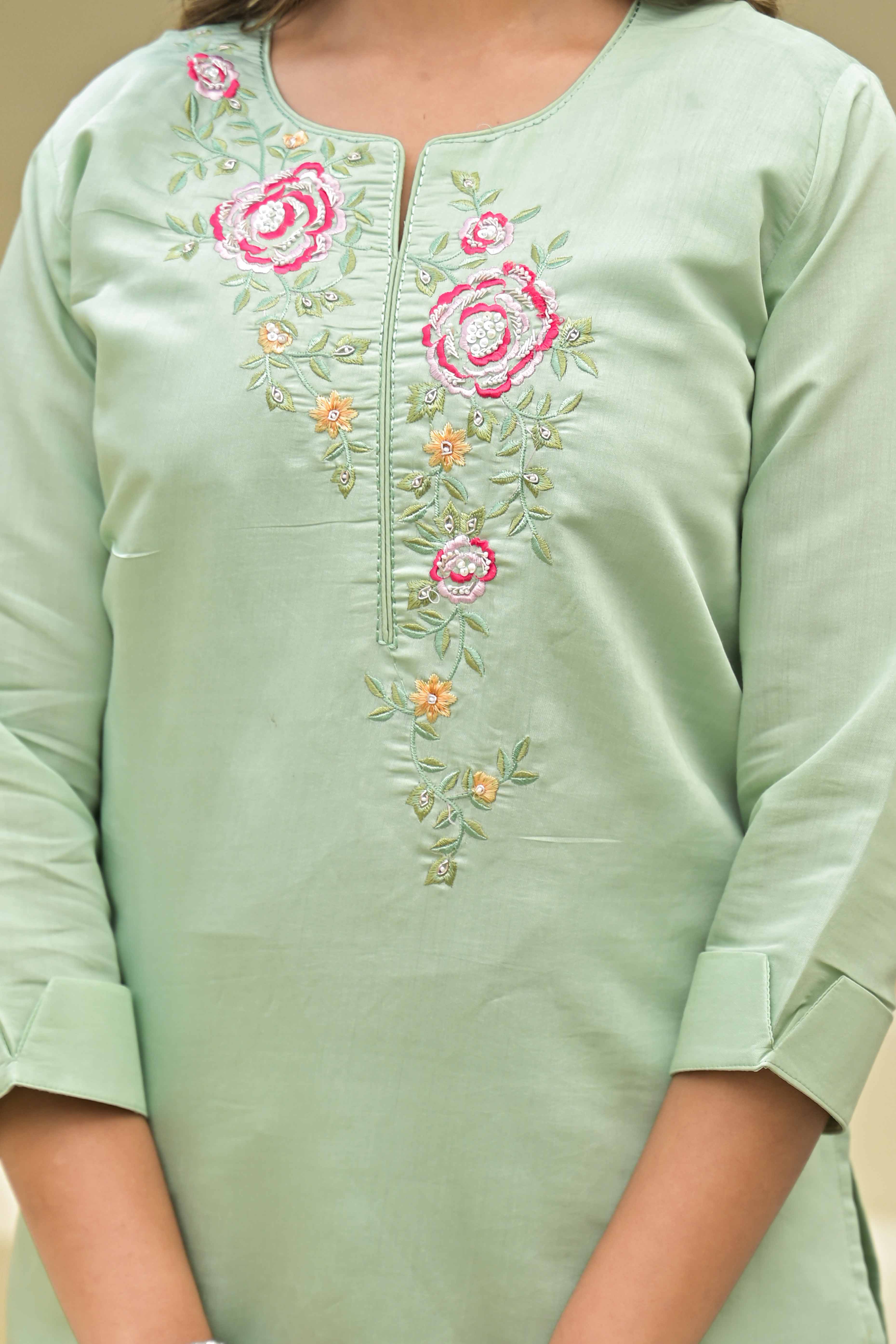 Sea Green Floral Embroidered Viscose Salwar Suit