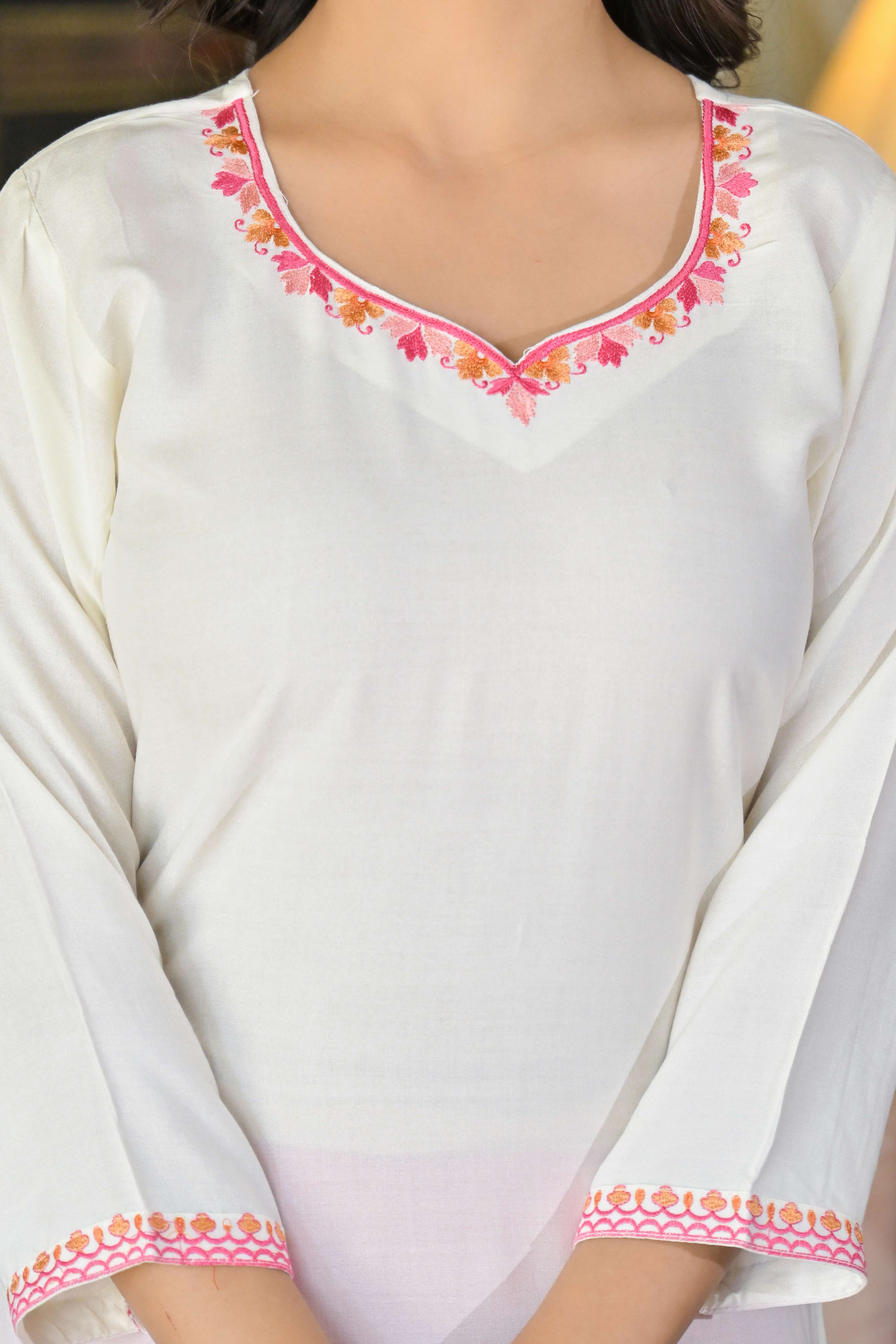 White Floral Embroidered Viscose Rayon Straight Kurti