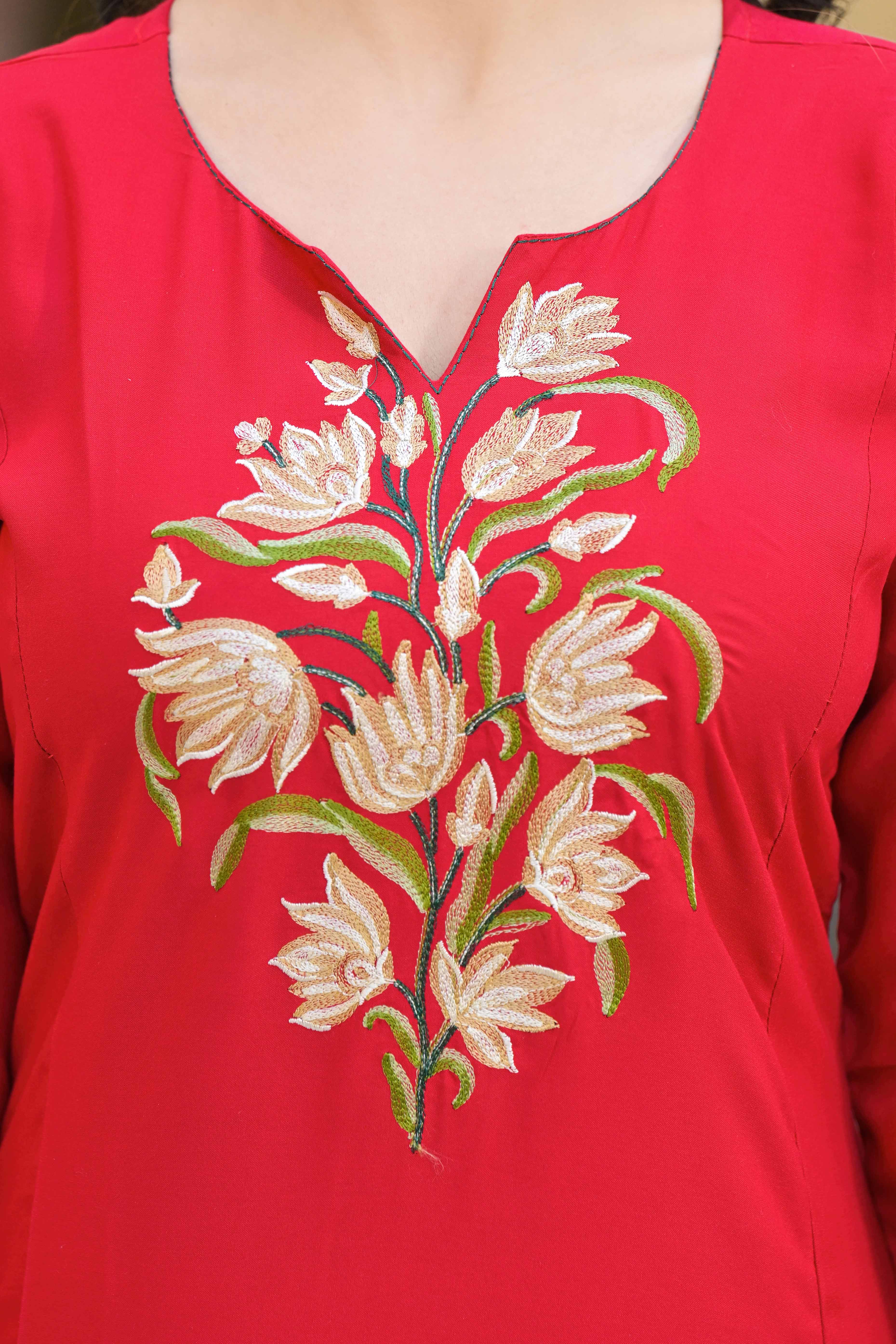 Red Floral Embroidered Viscose Rayon Straight Kurti