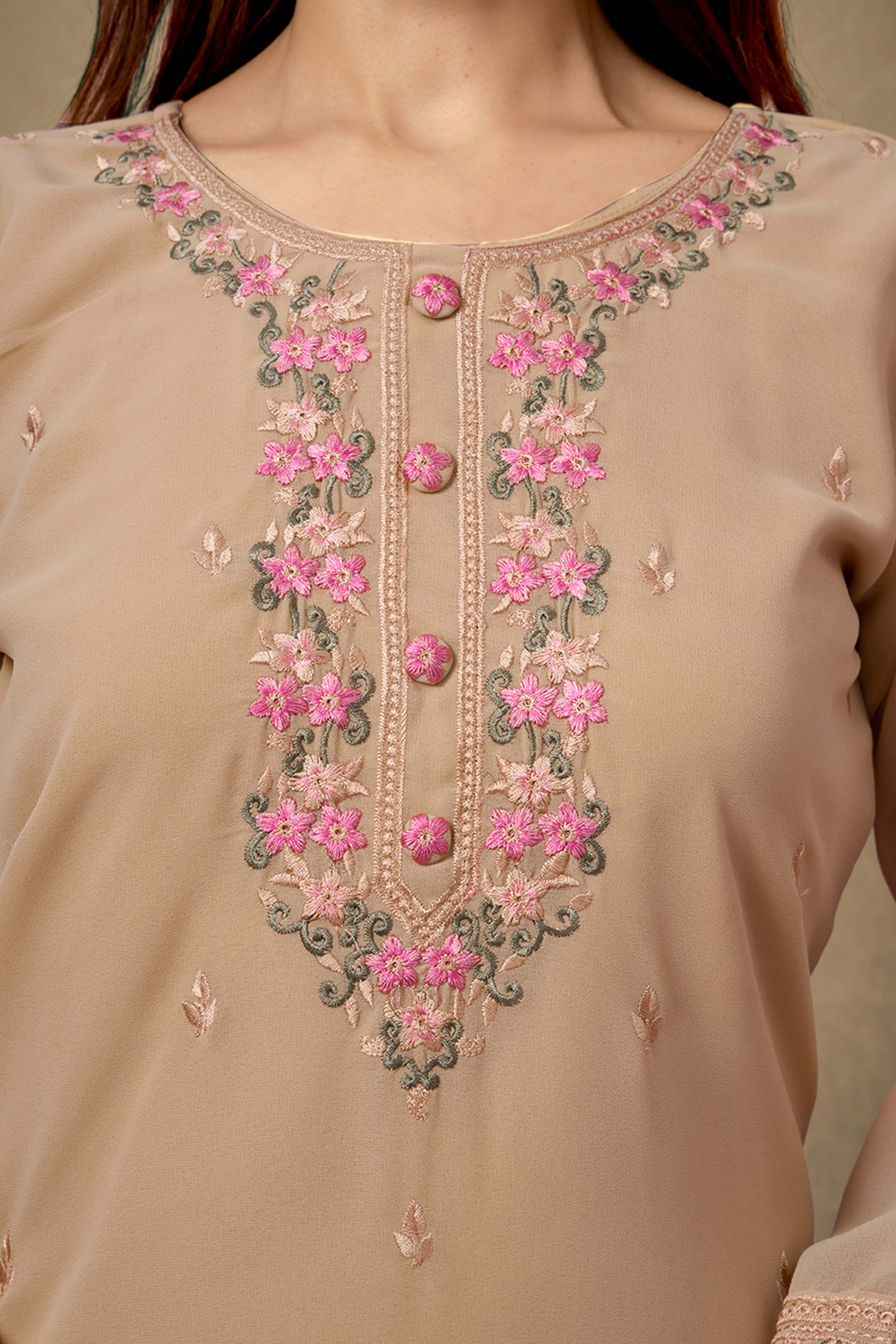 Chikoo Embroidered Straight Salwar Suit in Heavy Viscose Georgette