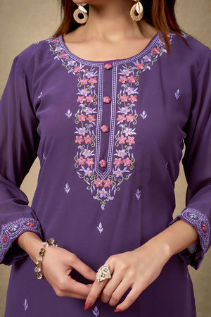 Wine Embroidered Straight Salwar Suit in Heavy Viscose Georgette