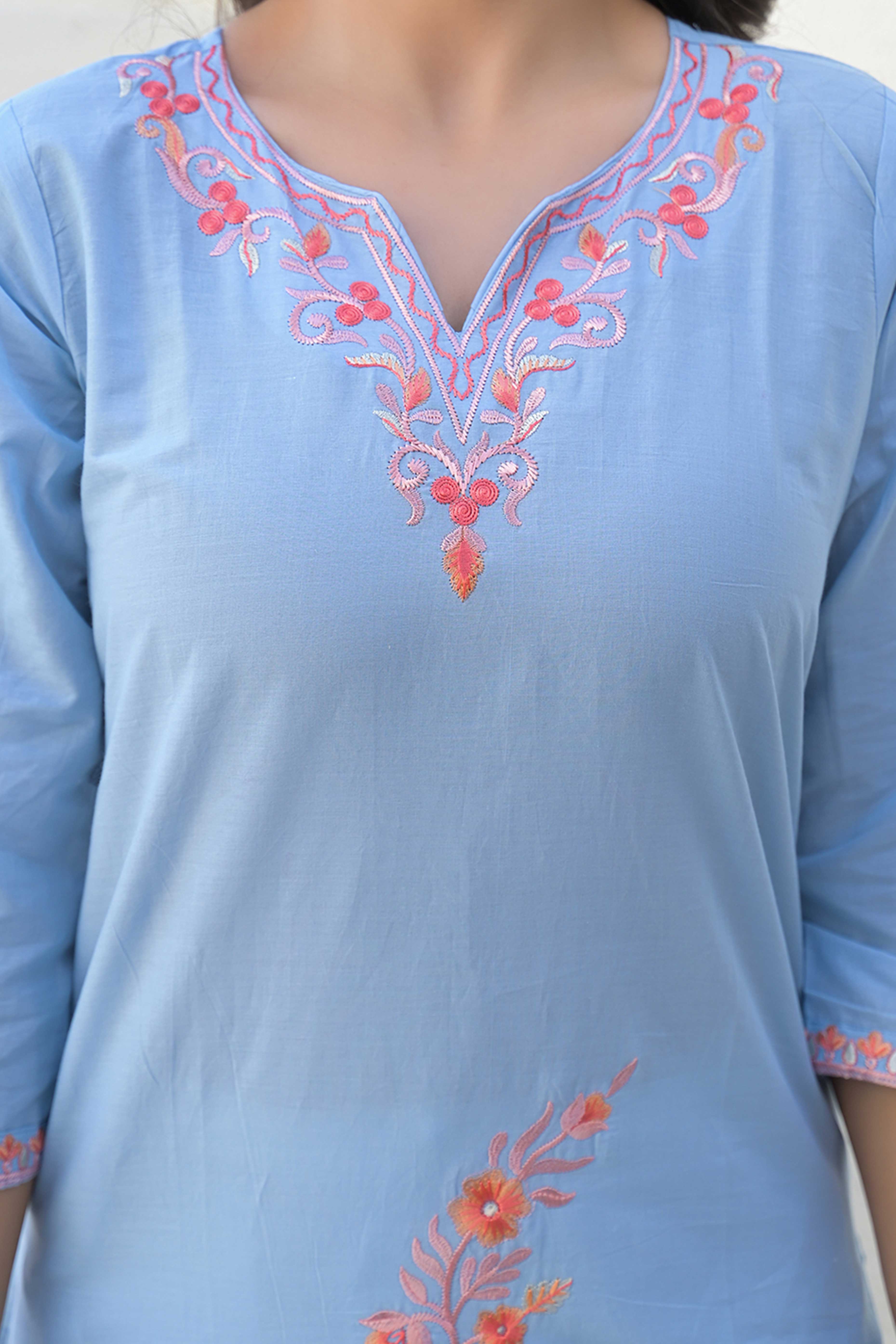Light Blue Pure Cotton Kurti with Floral Embroidery