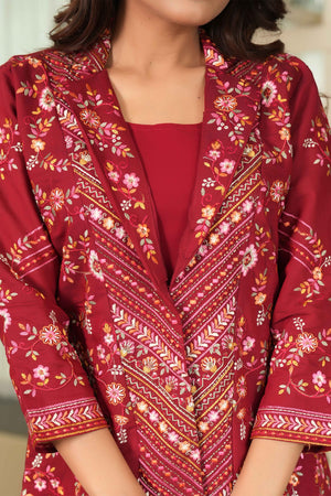 Maroon Solid Co-Ord Ensemble in Chanderi Silk with Heavily Embroidered Coat
