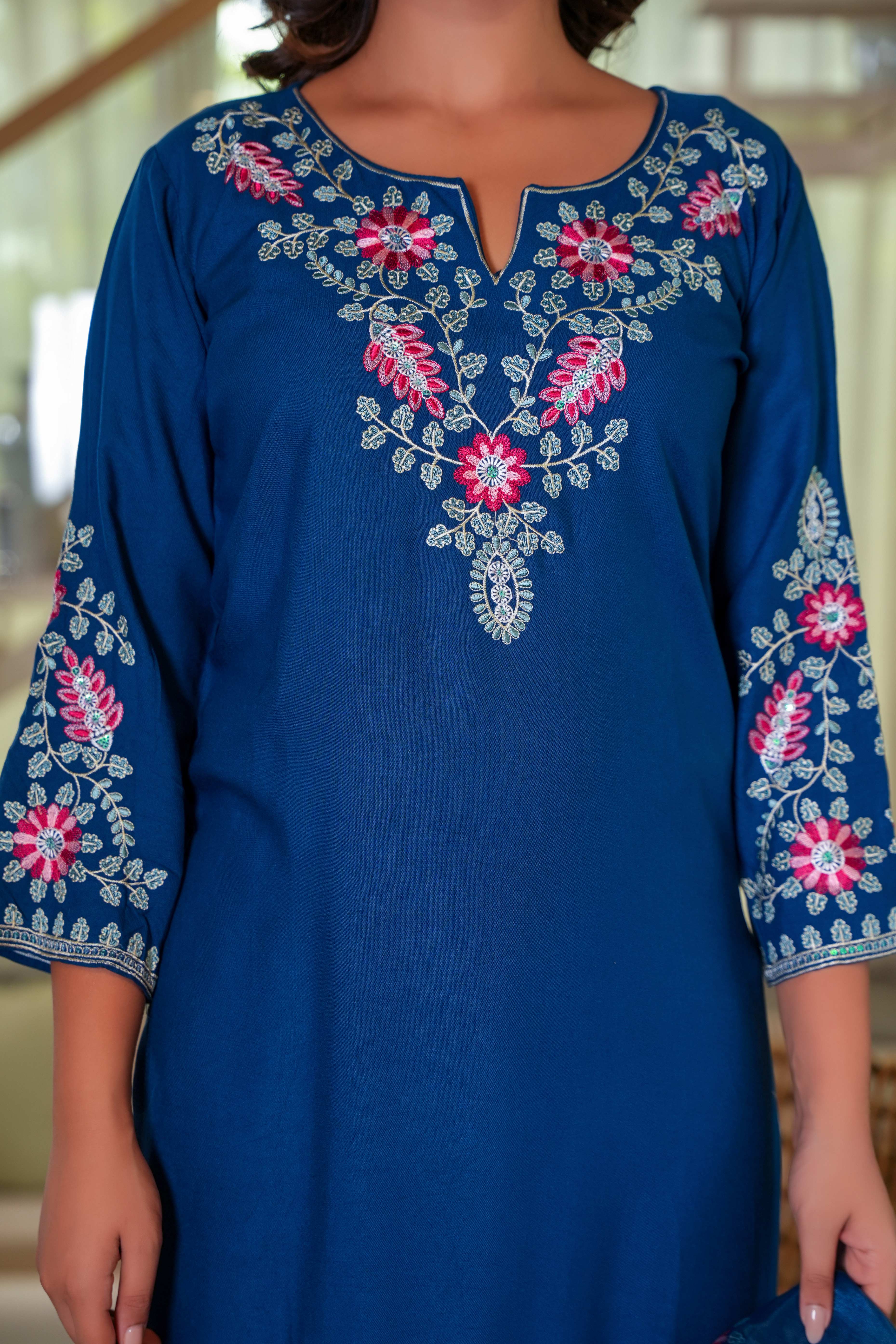 Navy Blue Heavy Viscose Rayon Straight Suit with Delicate Floral Embroidery for Graceful Style