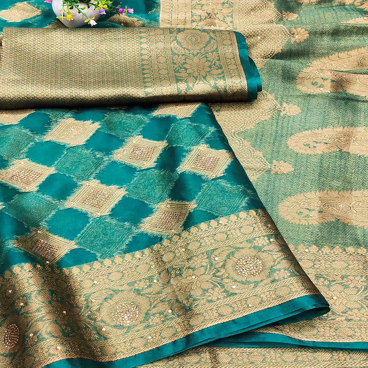 Rama Green Woven With Stonework Organza Jacquard Saree