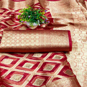 Cherry Red Woven With Stonework Organza Jacquard Saree