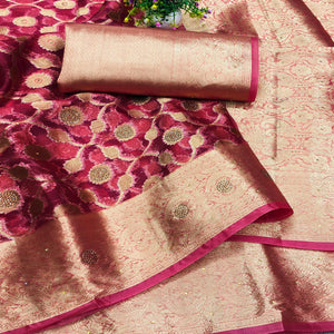 Pink Stone Work Woven Organza Jacquard Saree