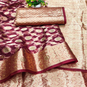 Wine Stone Work Woven Organza Jacquard Saree