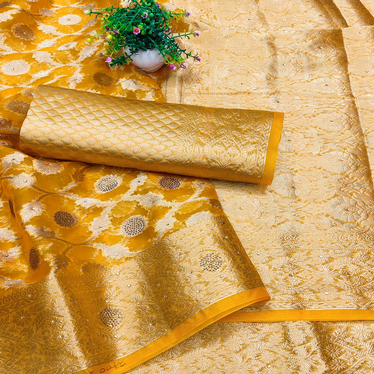 Yellow Stone Work Woven Organza Jacquard Saree