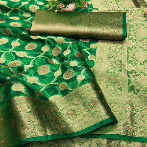Green Stone Work Woven Organza Jacquard Saree
