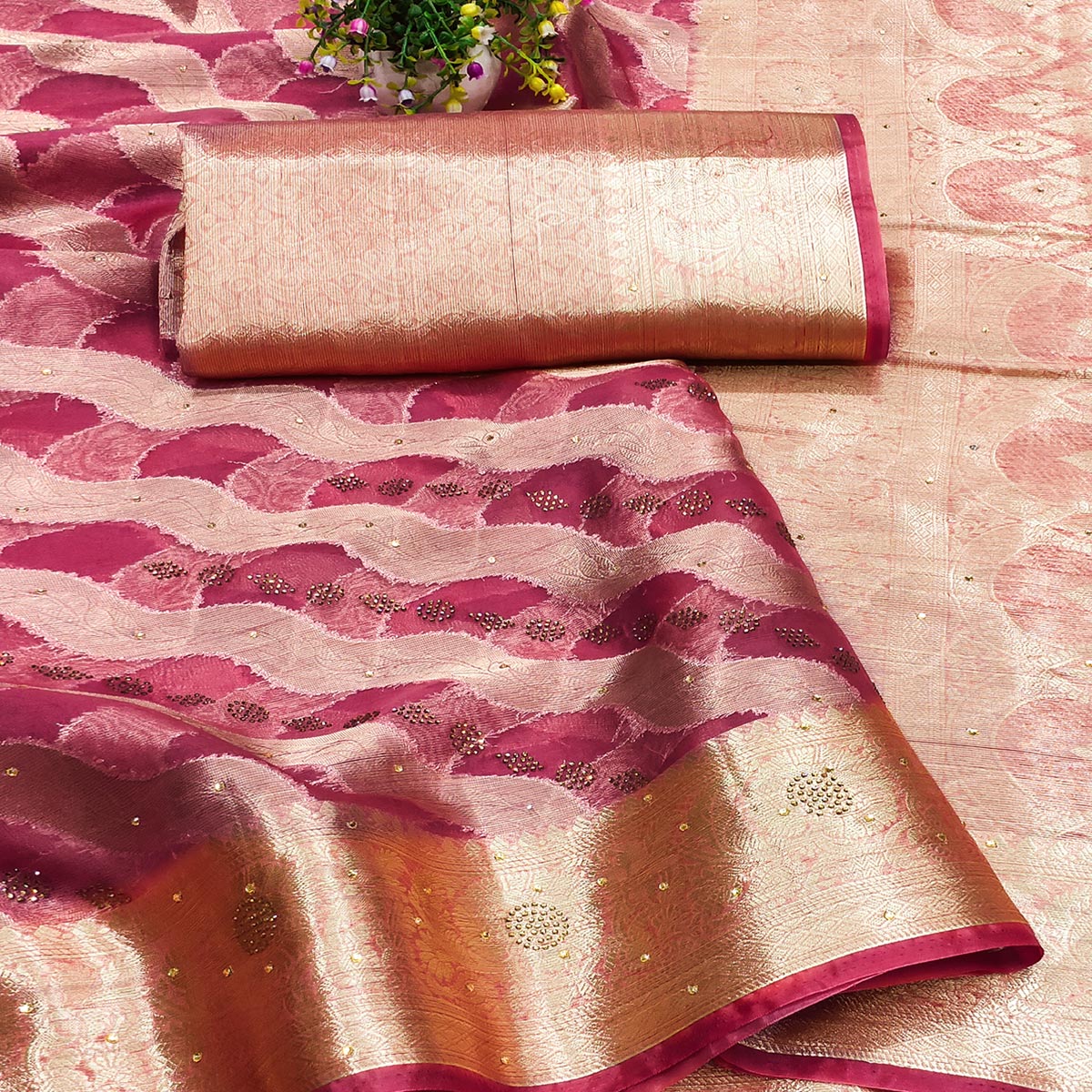 Pink Stone Work Woven Organza Jacquard Saree