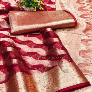 Wine Stone Work Woven Organza Jacquard Saree