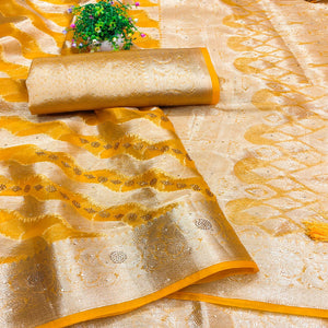 Yellow Stone Work Woven Organza Jacquard Saree