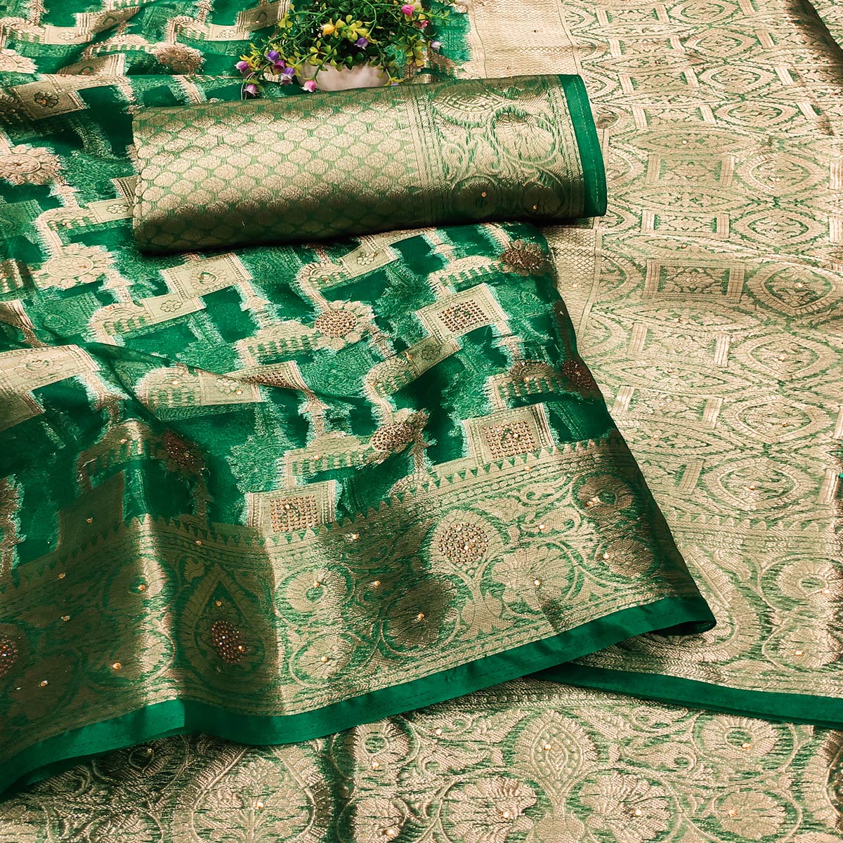 Green Stone Work Woven Organza Jacquard Saree