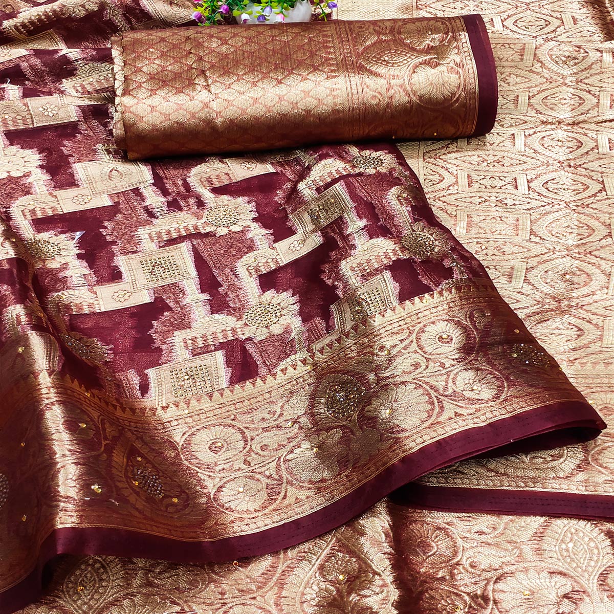 Wine Stone Work Woven Organza Jacquard Saree