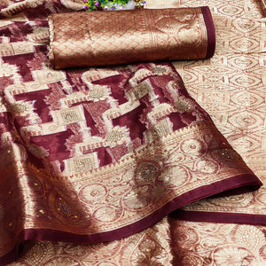 Wine Stone Work Woven Organza Jacquard Saree