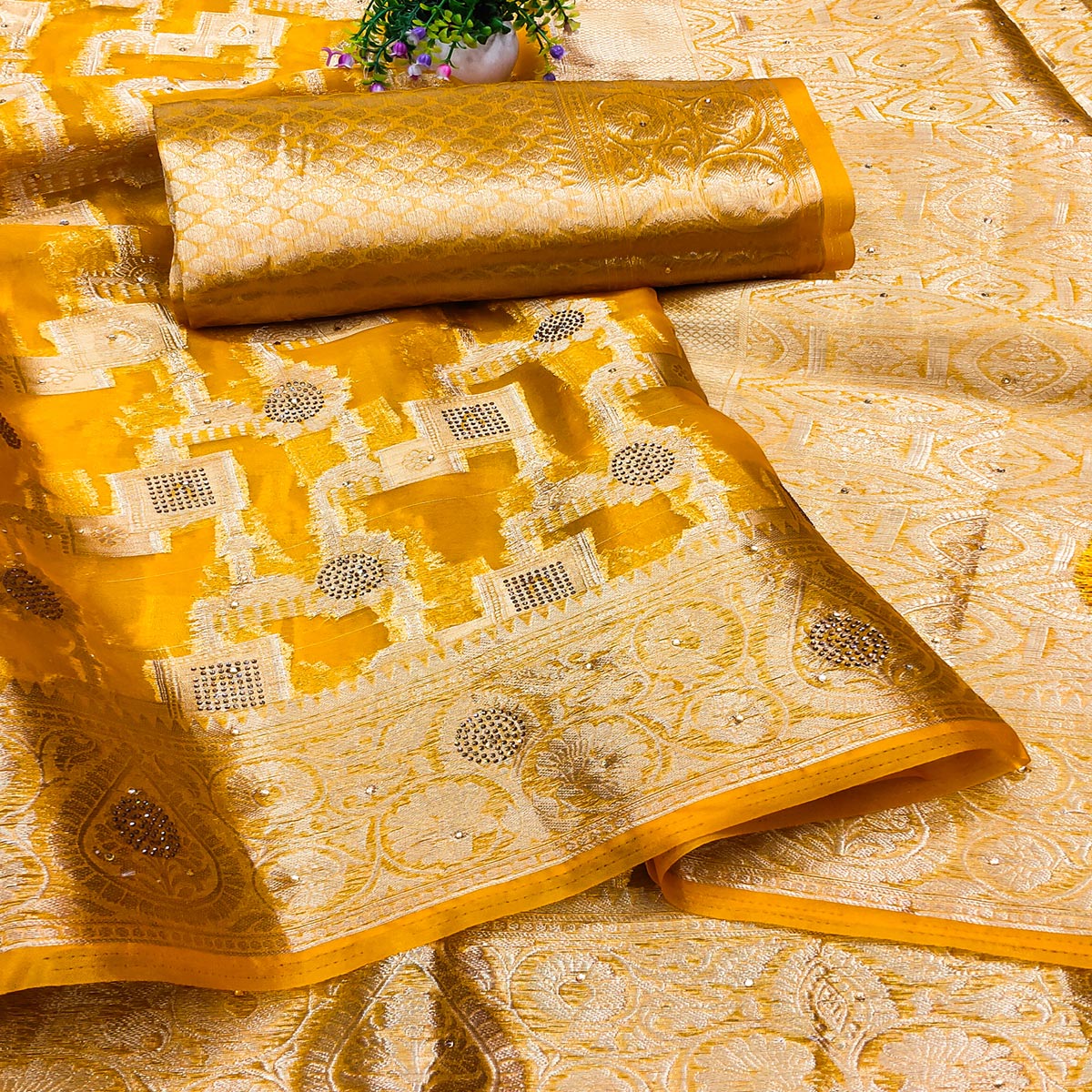 Mustard Stone Work Woven Organza Jacquard Saree