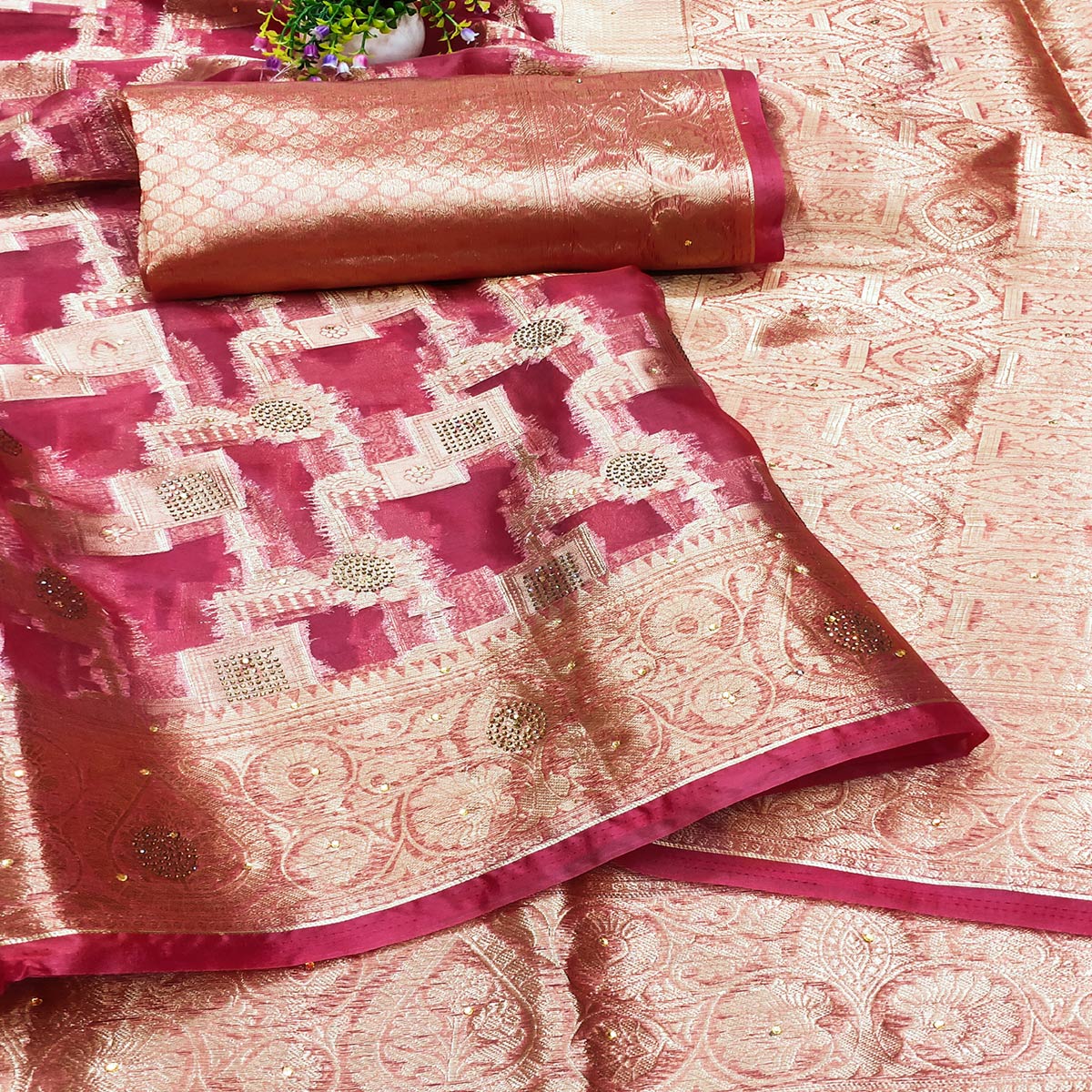 Pink Stone Work Woven Organza Jacquard Saree