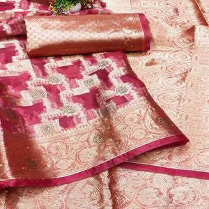 Pink Stone Work Woven Organza Jacquard Saree