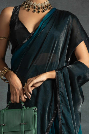 Teal Satin Ready To Wear Saree with Soft Ombre Tones and Intricate Stone Border - Image 2