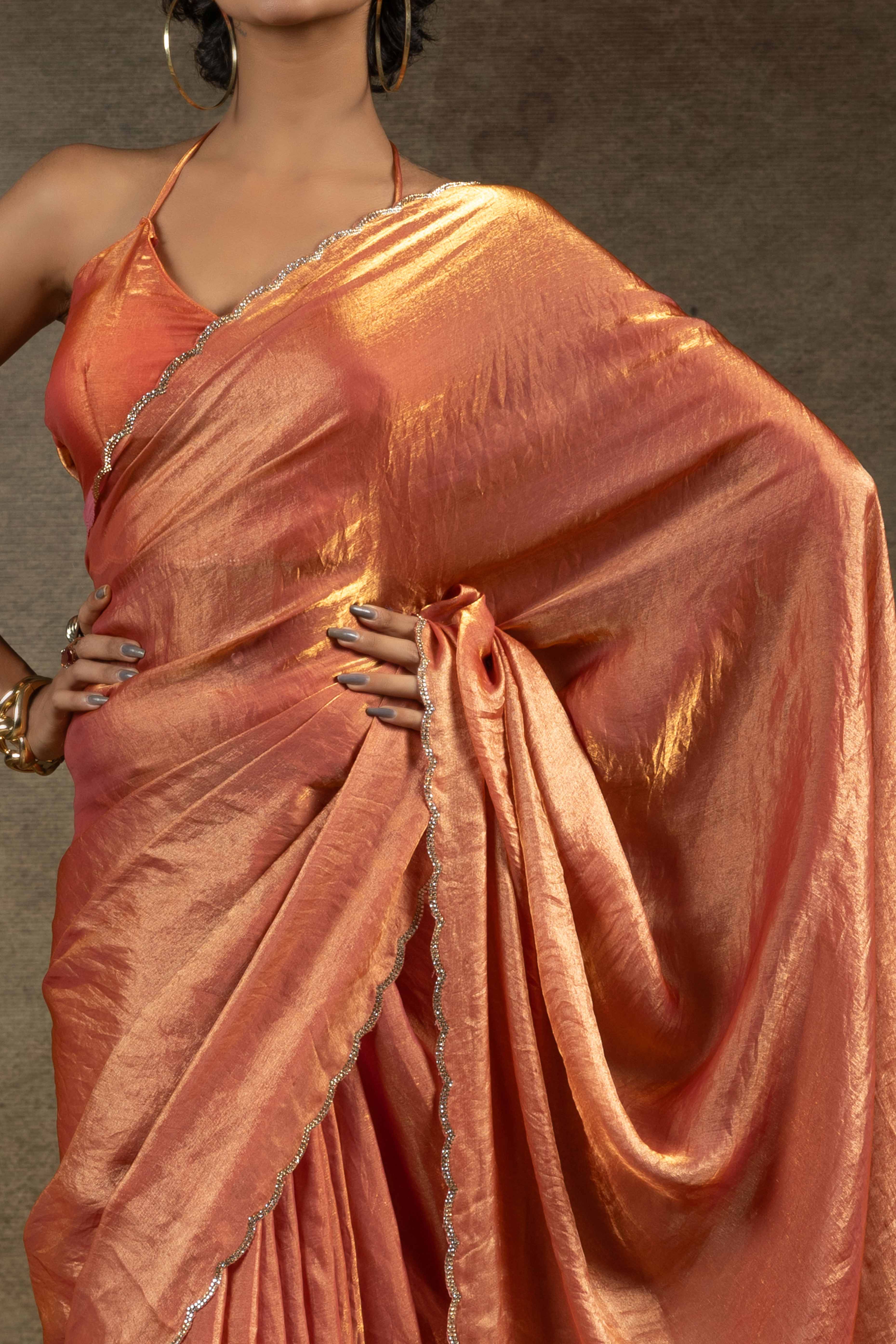 Orange Solid With Diamond Work Satin Ready To Wear Saree