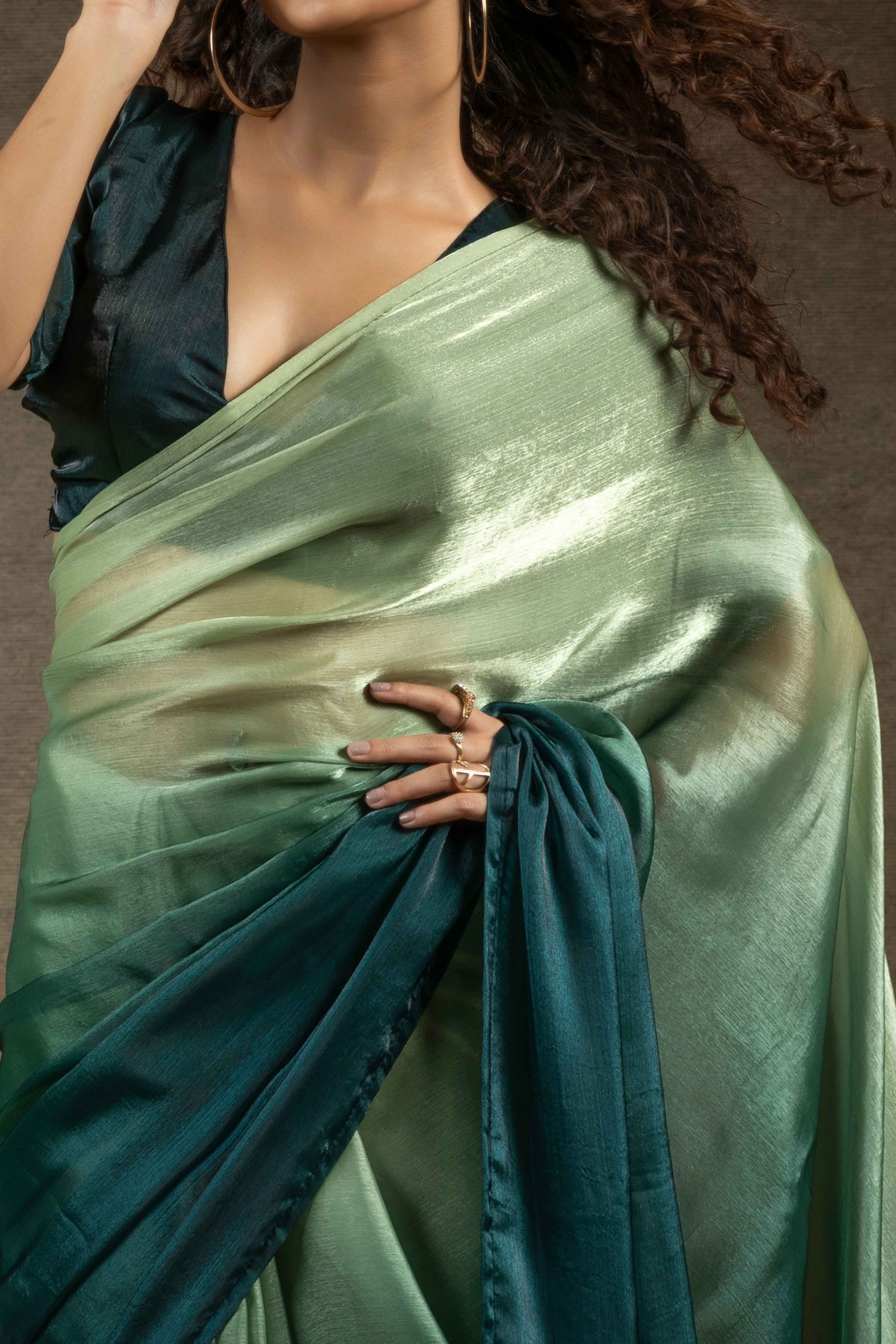 Pista Green & Bottle Green Ombre Satin Saree in Solid Finish with Ready-to-Wear Silhouette