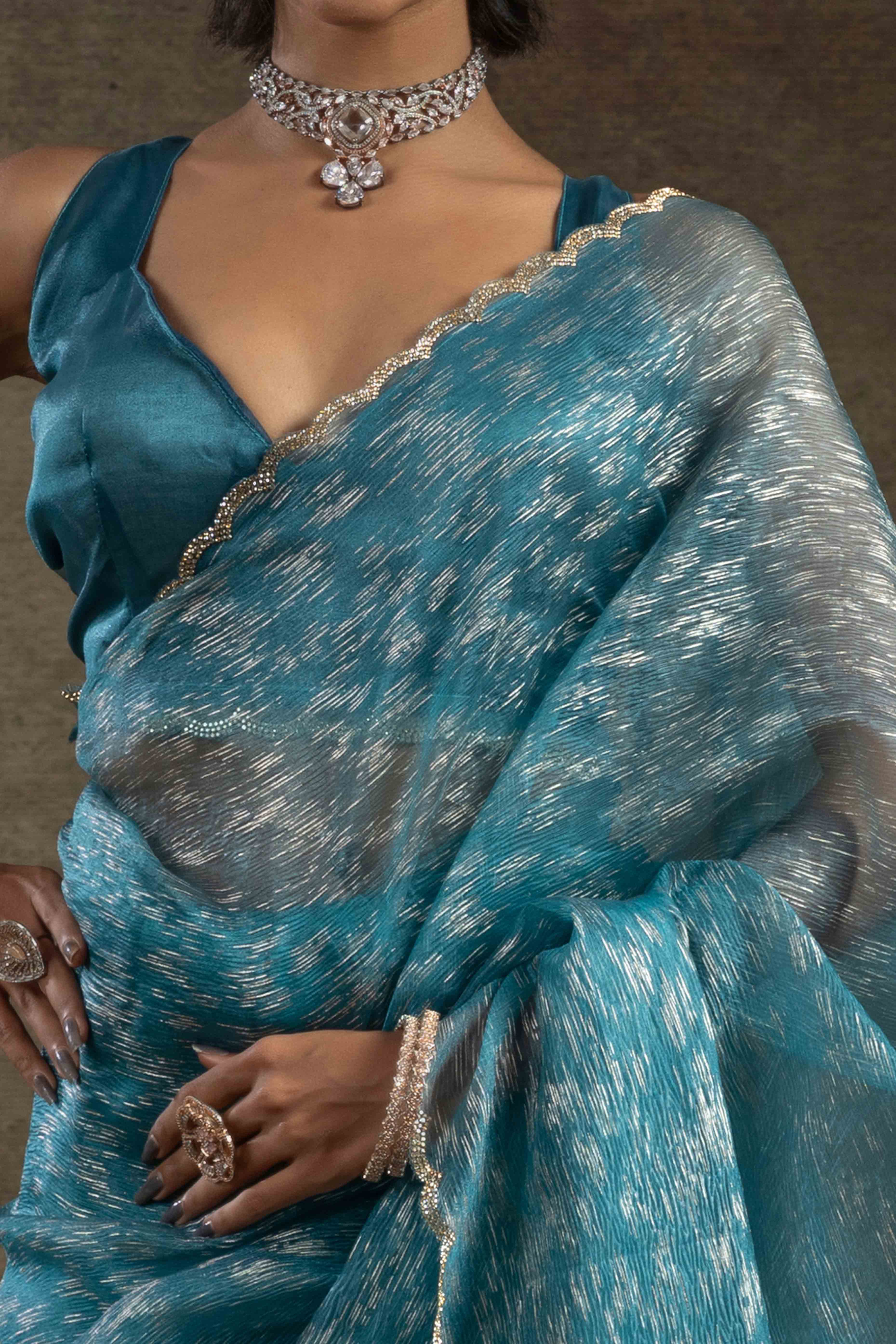 Blue Crush Foil Print With Delicate Zarkan Border Organza Ready To Wear Saree