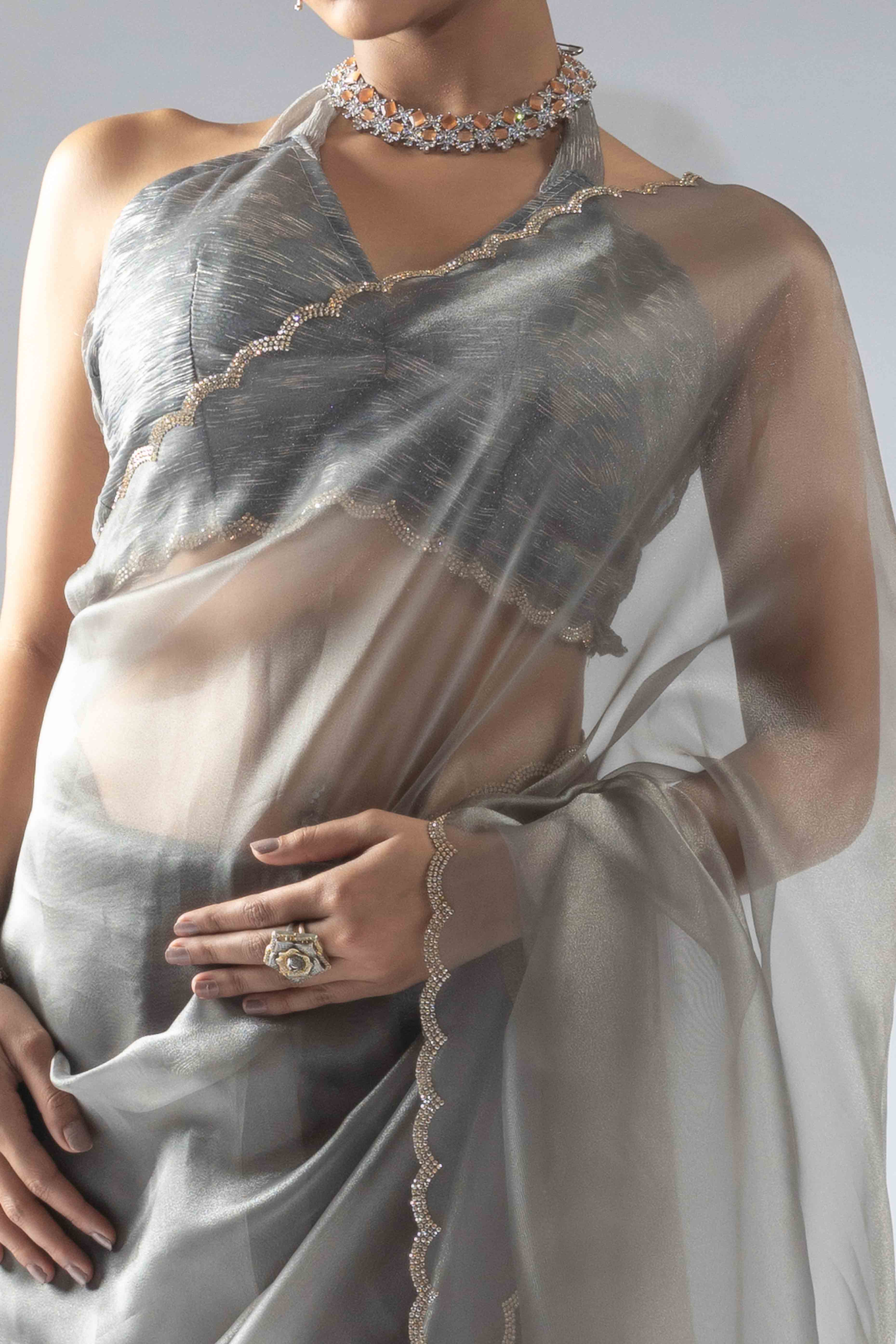Smoke Grey Solid With Intricate Zarkan Border Organza Ready To Wear Saree