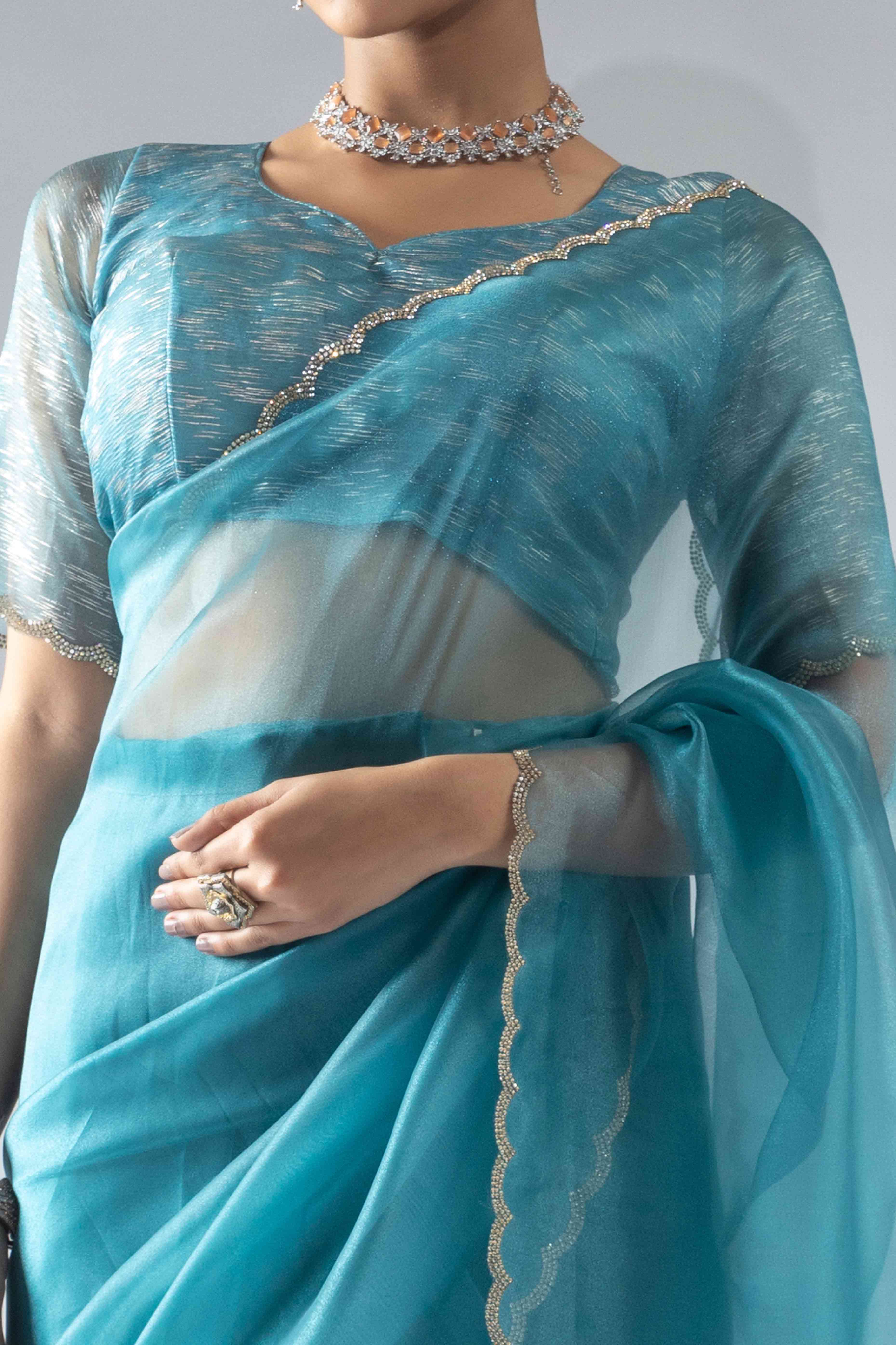 Blue Solid With Intricate Zarkan Border Organza Ready To Wear Saree
