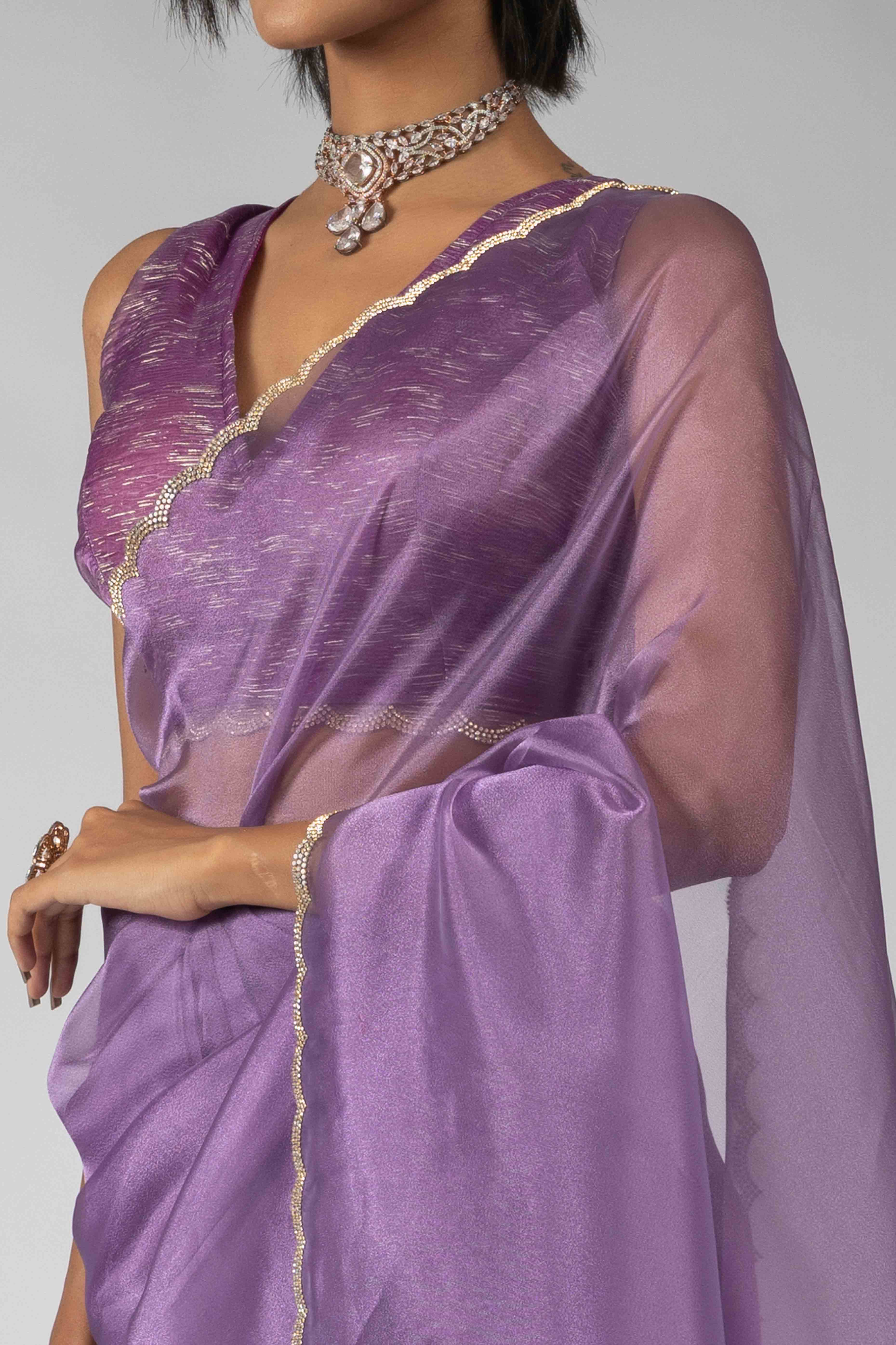 Lavender Solid With Intricate Zarkan Border Organza Ready To Wear Saree