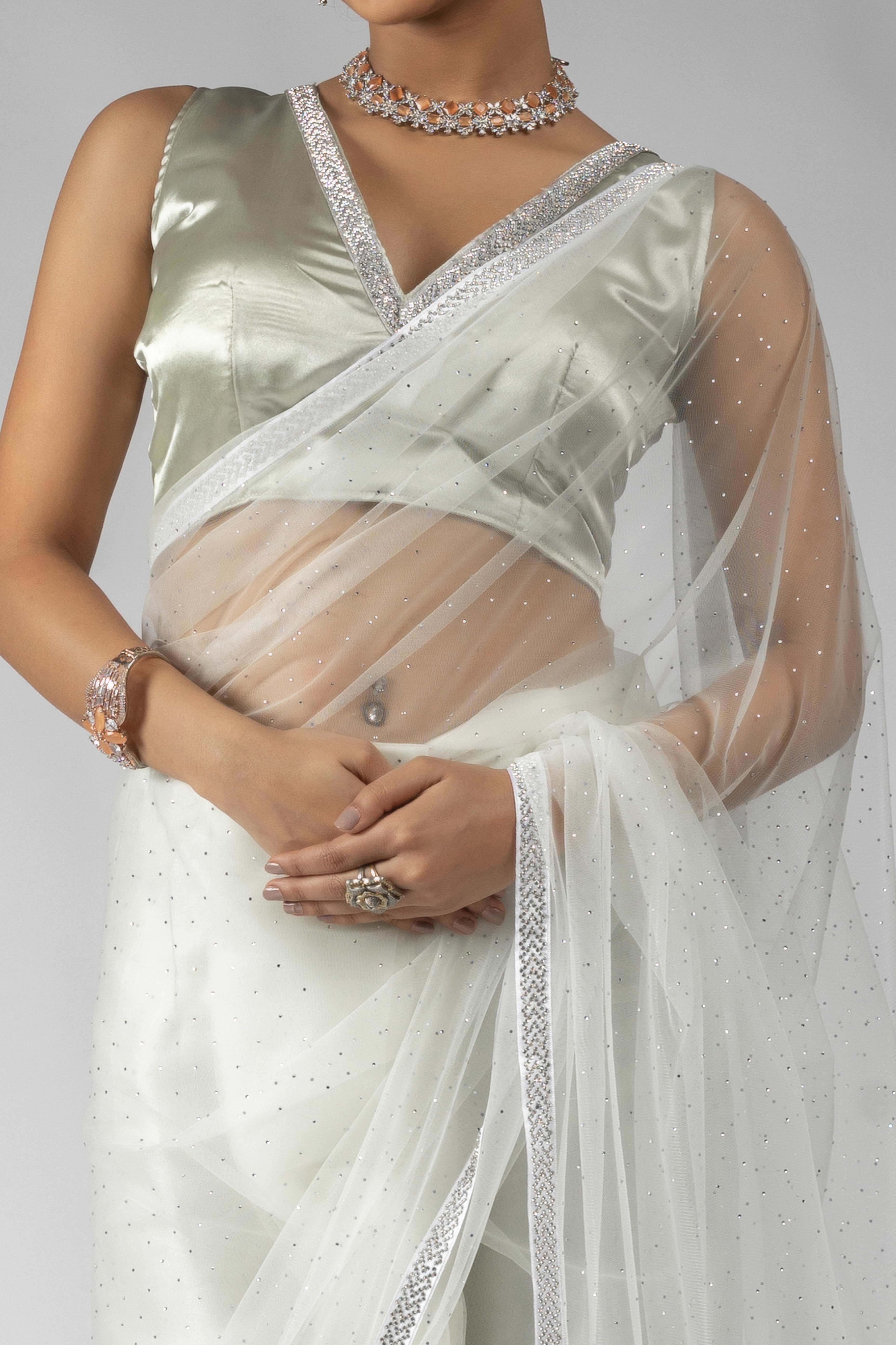 White Intricate Zarkan Detailing Soft Net Ready To Wear Saree