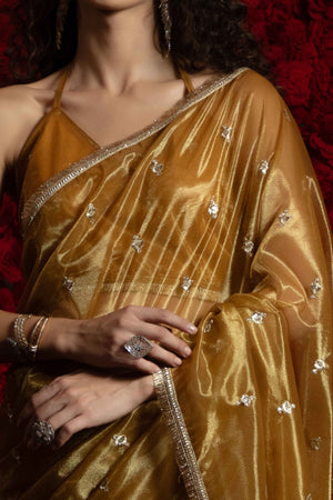Golden Brown Floral Zari Embroidered Net Organza Saree with Intricate Handwork Lace Border