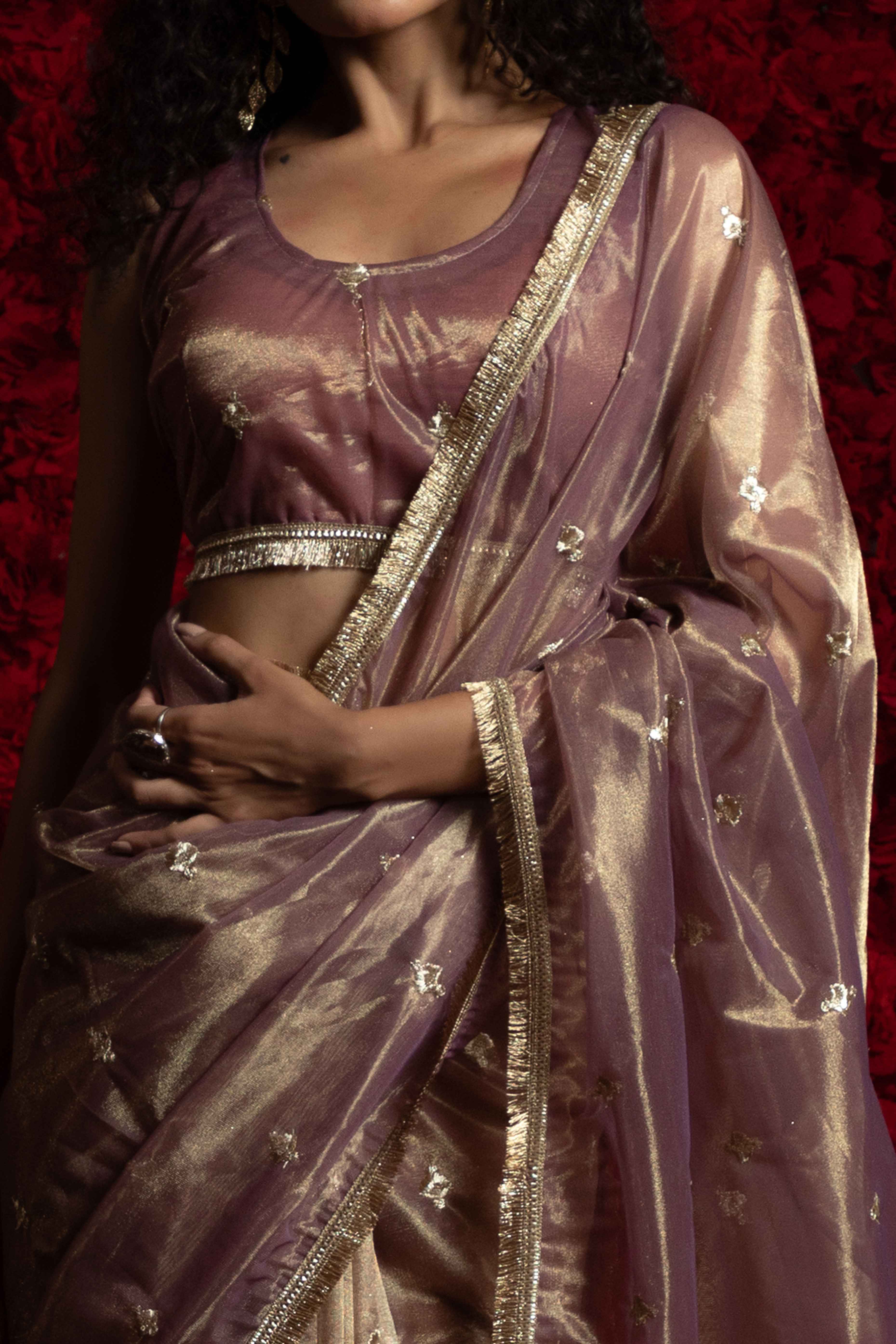 Purple Floral Zari Embroidered Net Organza Saree with Intricate Handwork Lace Border