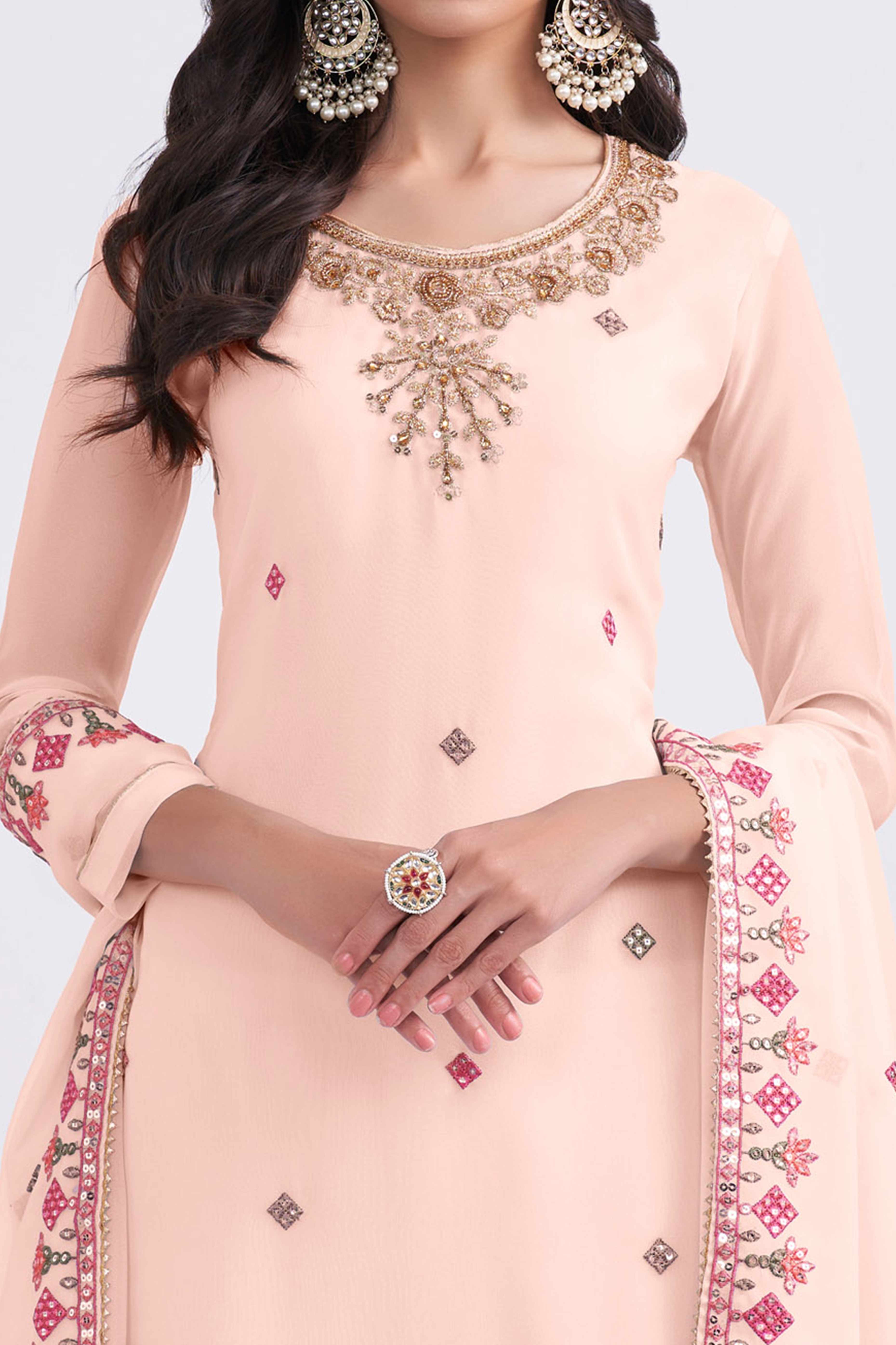 Peach Sequins Embroidered With Stonework Georgette Semi Stitched Suit