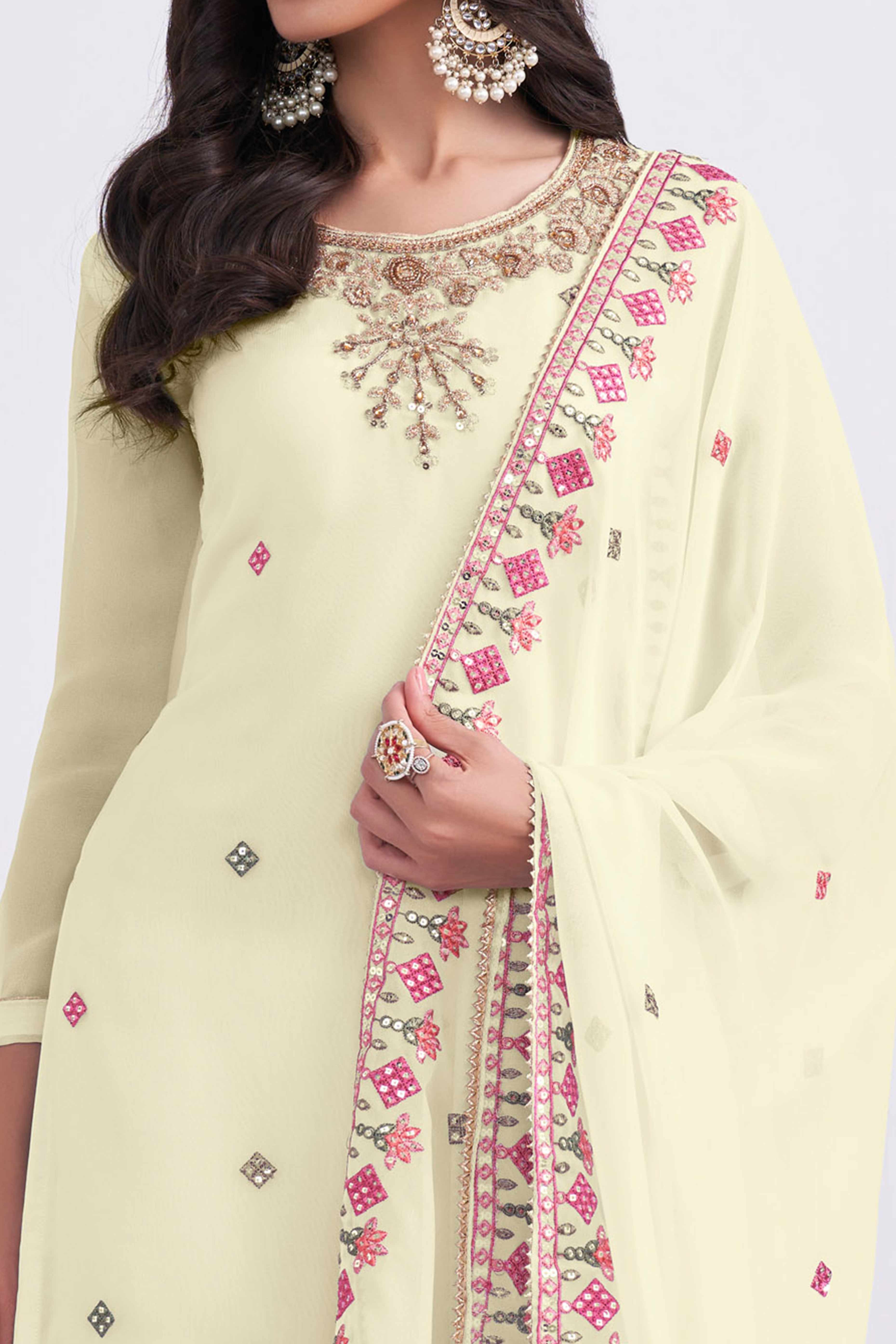 Light Yellow Sequins Embroidered With Stonework Georgette Semi Stitched Suit
