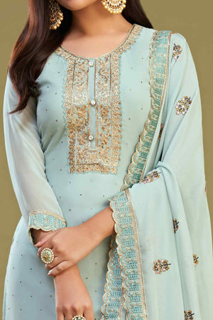 Blue Floral Embroidery With Swarovski Work Georgette Semi Stitched Suit