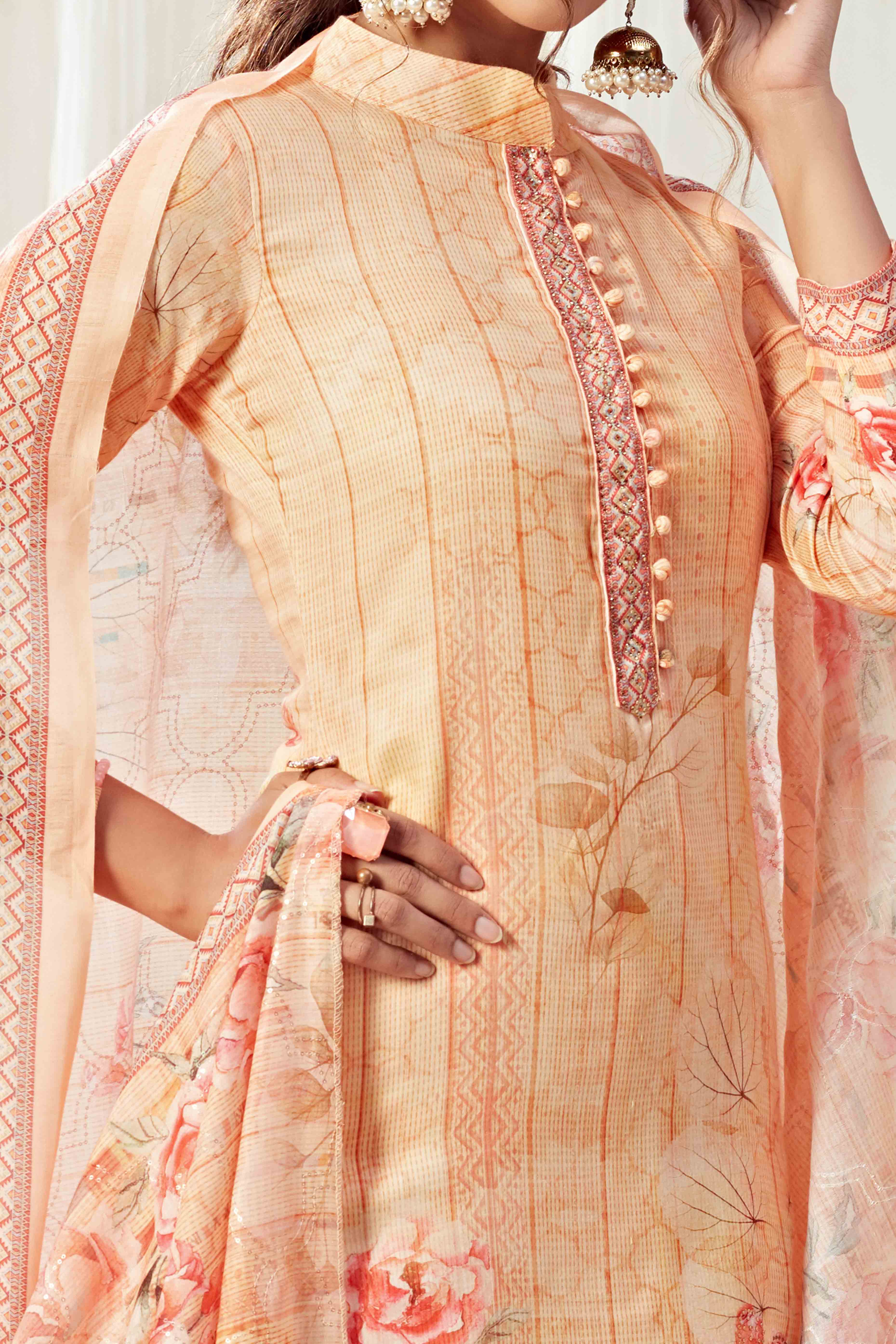 Peach Floral Digital Print Pure Cotton Dress Material With Sparkling Swarovski Embellishments