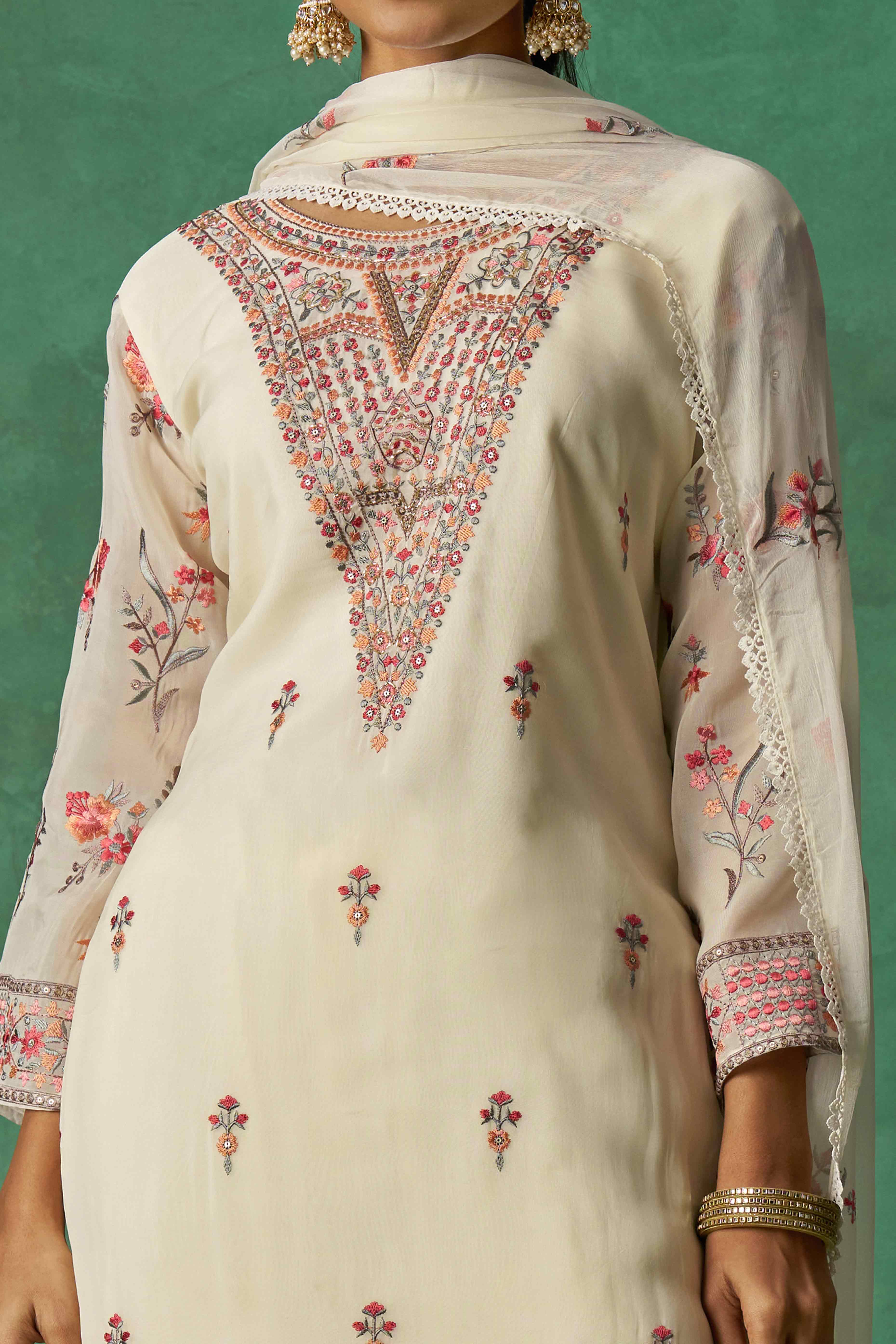 Offwhite Floral Sequins Embroidered Organza Semi Stitched Suit