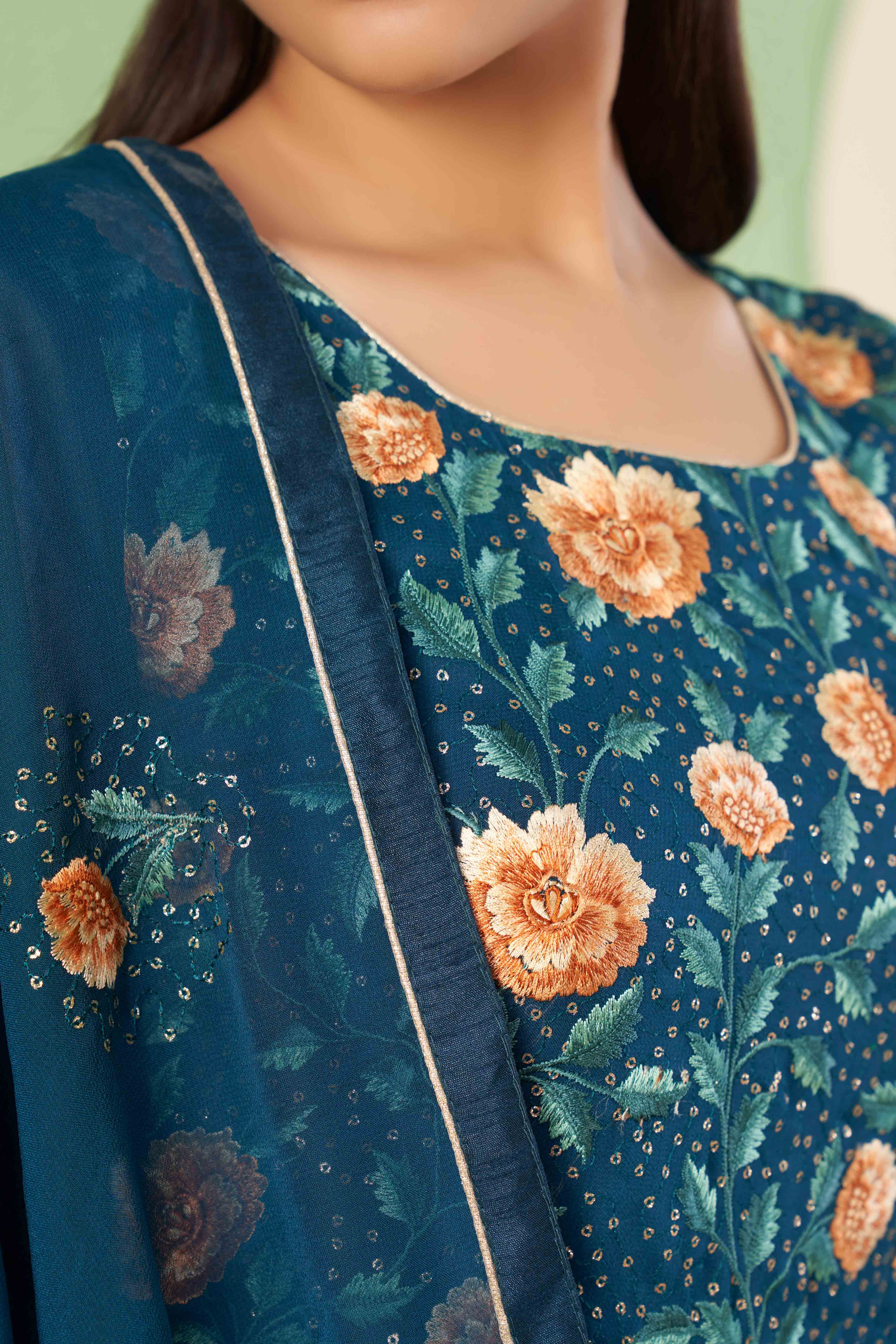 Morpich Blue Floral Sequins Embroidered Georgette Semi Stitched Suit
