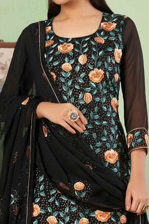 Black Floral Sequins Embroidered Georgette Semi Stitched Suit