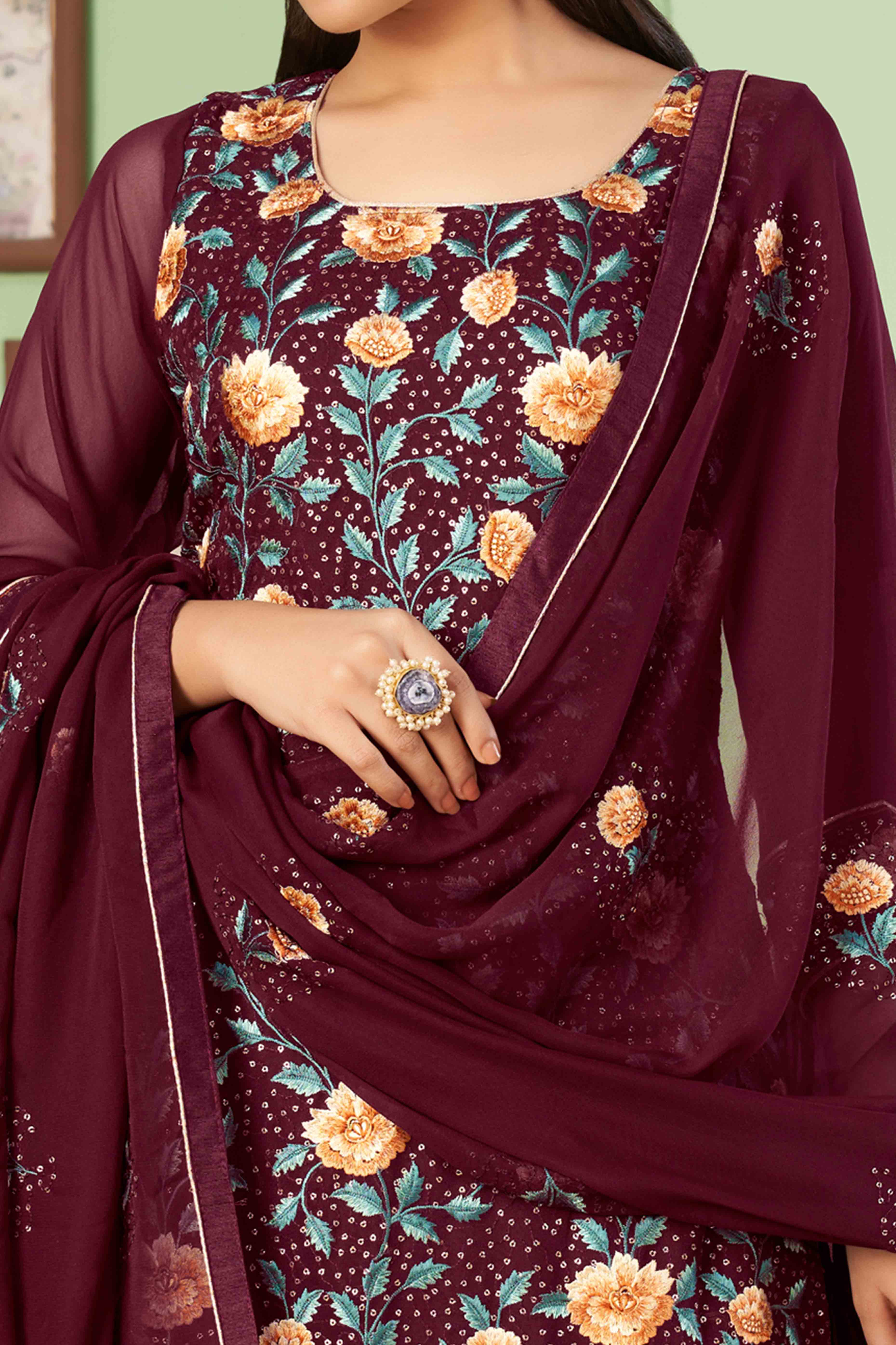 Wine Floral Sequins Embroidered Georgette Semi Stitched Suit