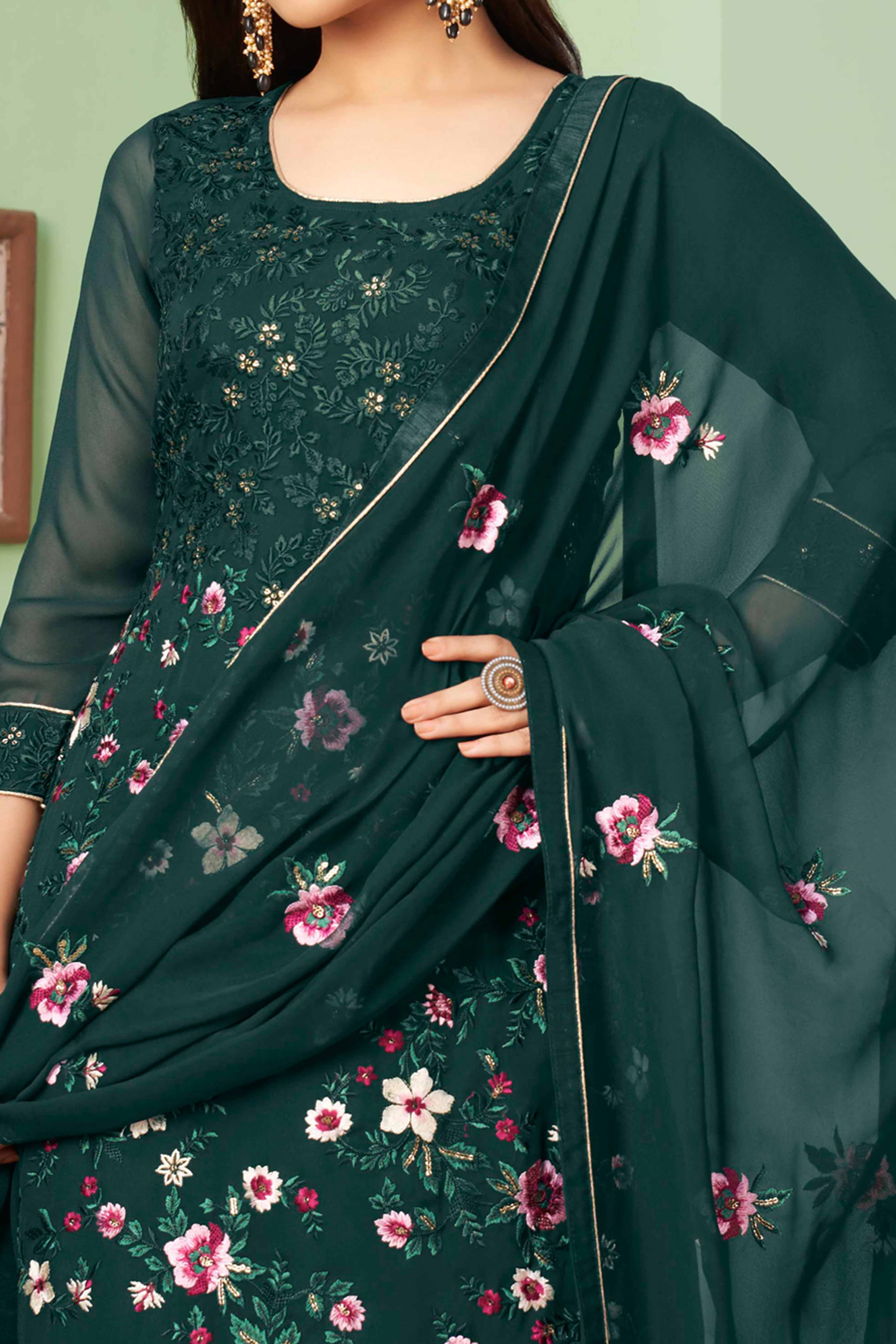 Green Floral Sequins Embroidered Georgette Semi Stitched Suit