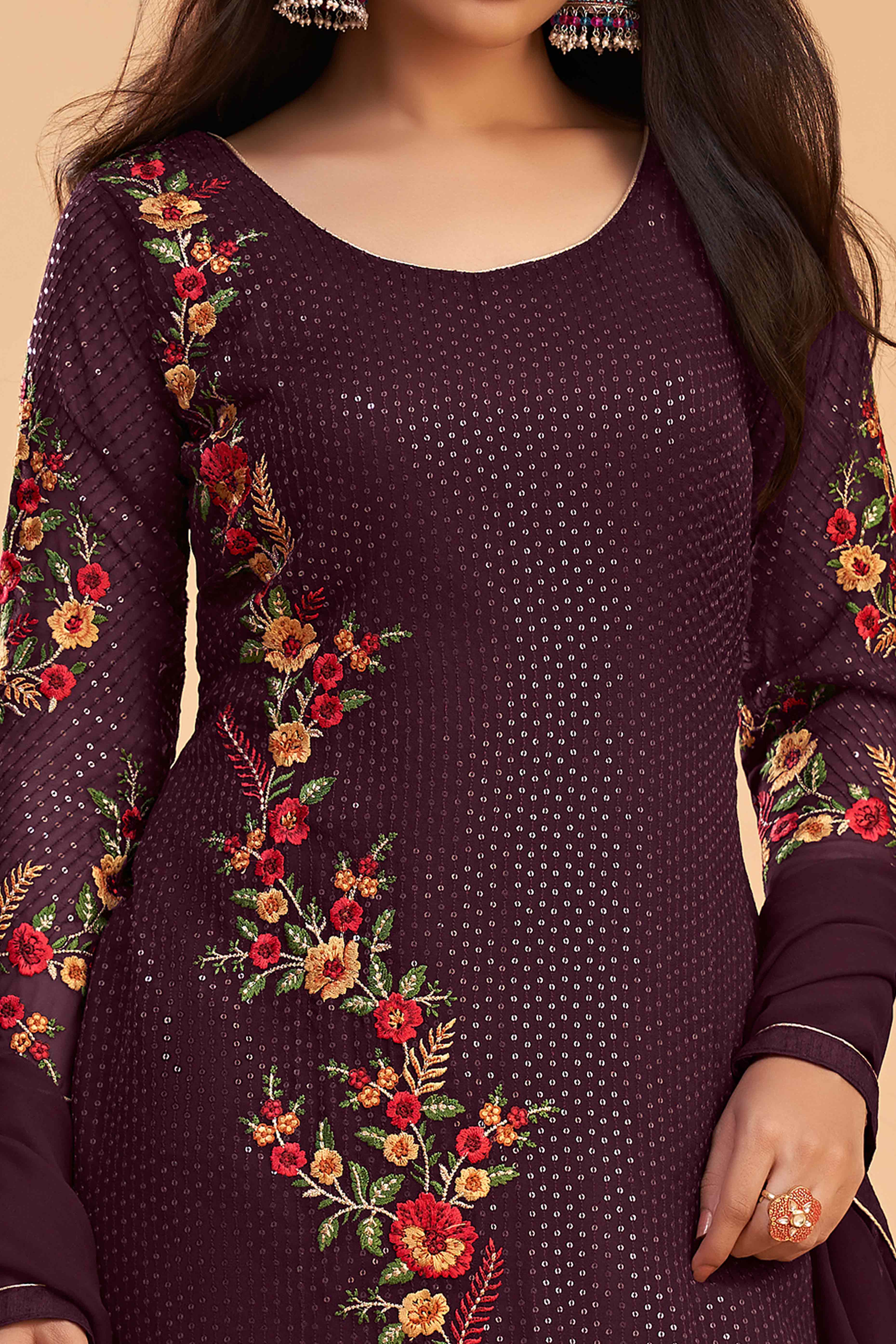 Wine Floral Sequins Embroidered Georgette Semi Stitched Suit